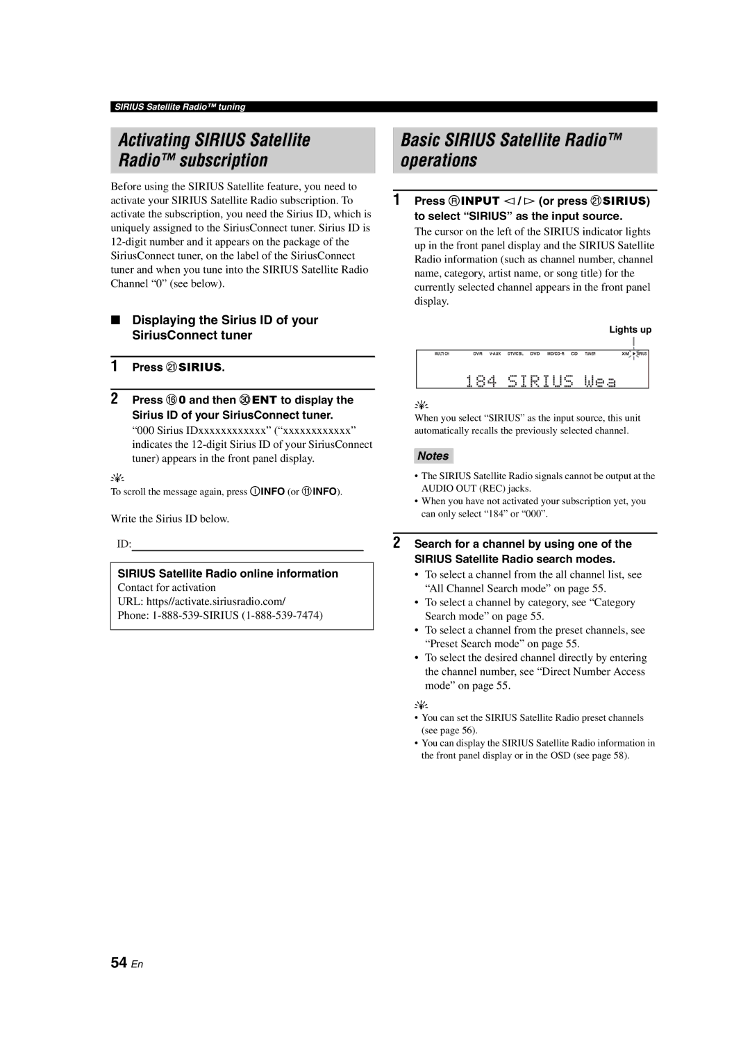 Yamaha HTR-6150 owner manual Activating Sirius Satellite Radio subscription, Basic Sirius Satellite Radio operations, 54 En 