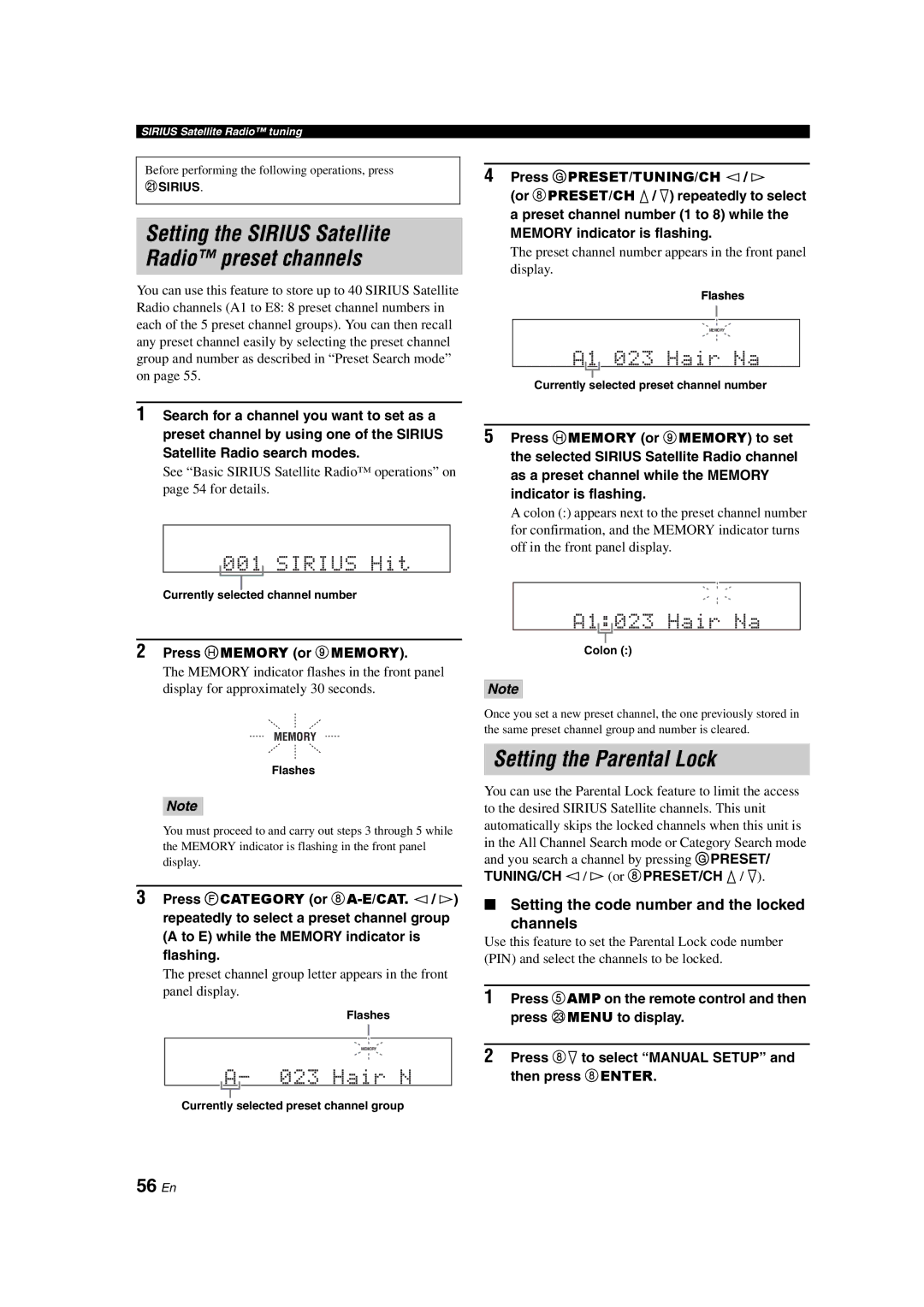 Yamaha HTR-6150 owner manual Setting the Parental Lock, 56 En, Setting the code number and the locked Channels 