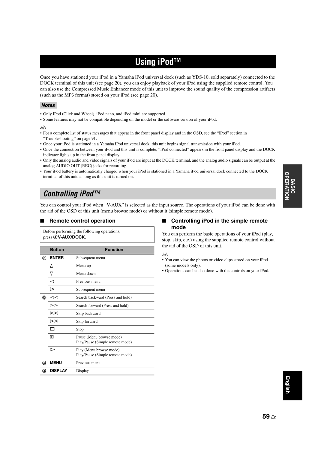 Yamaha HTR-6150 owner manual Using iPod, 59 En, Remote control operation, Controlling iPod in the simple remote Mode 