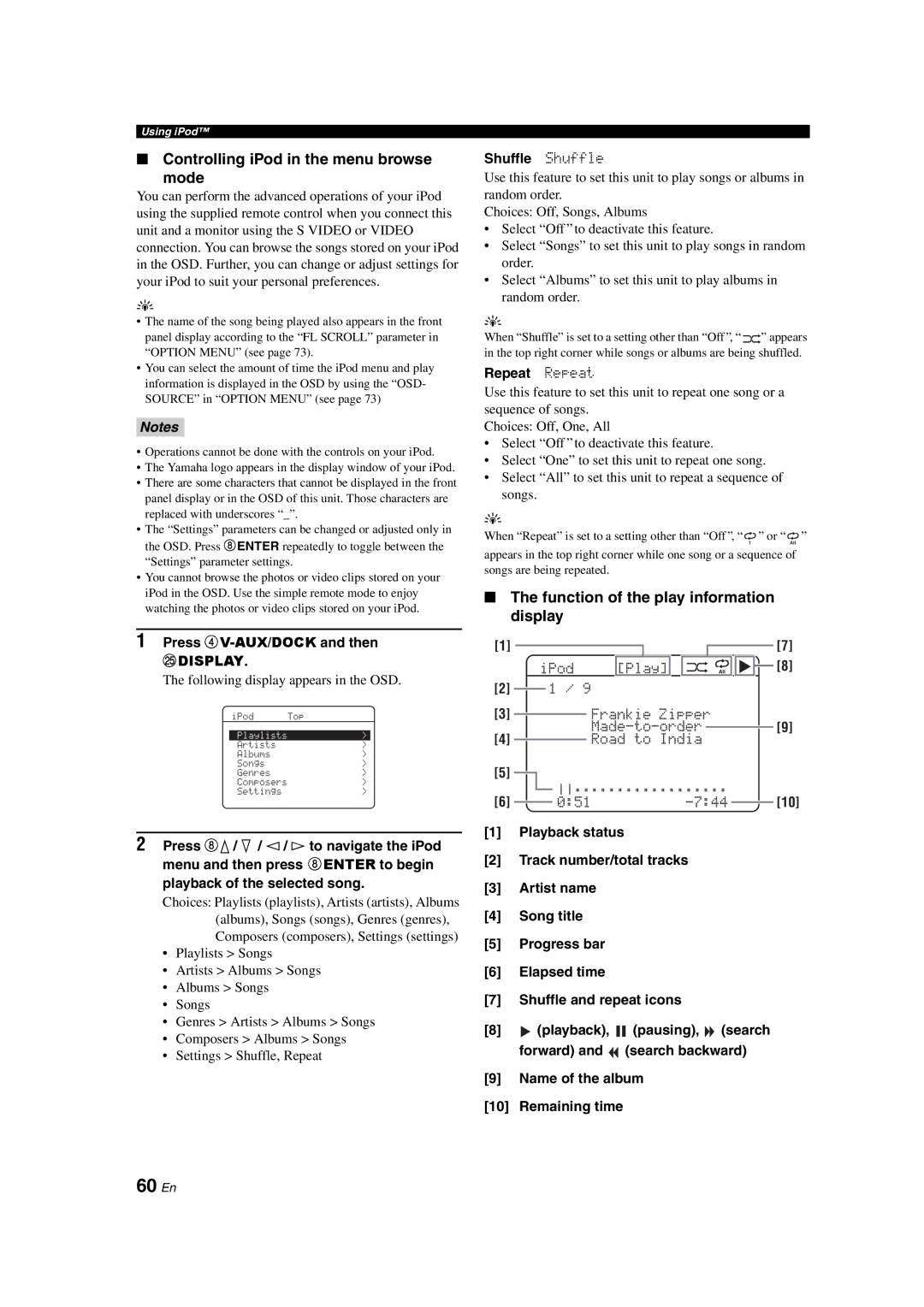 Yamaha HTR-6150 owner manual 60 En, Controlling iPod in the menu browse Mode, Function of the play information display 