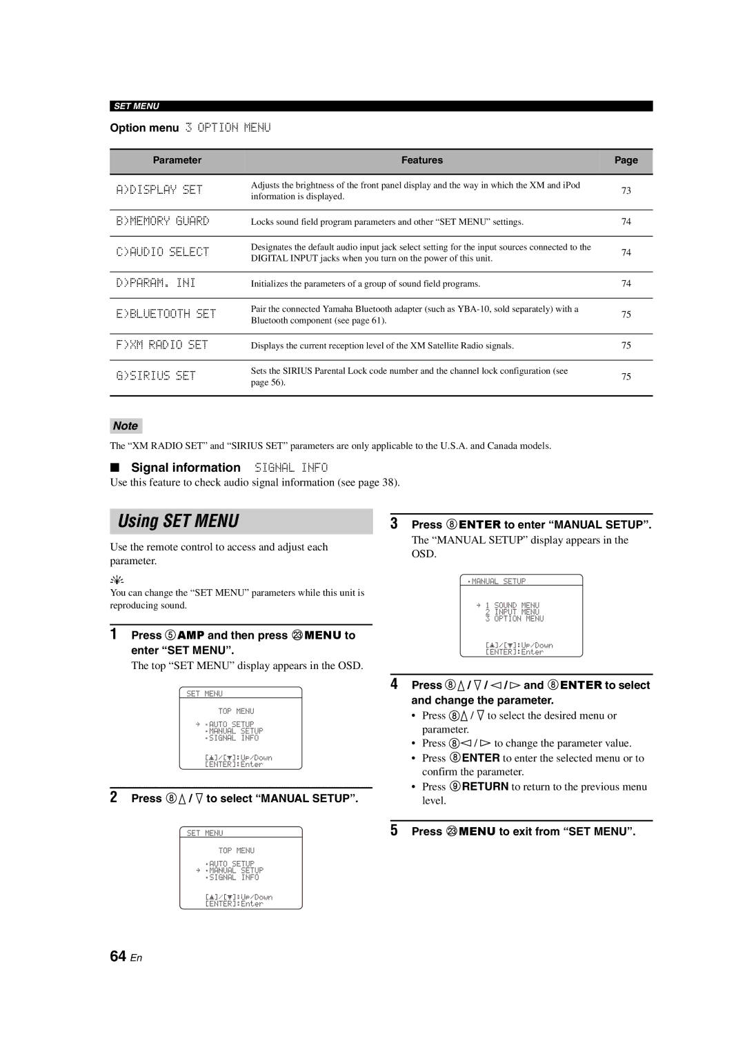 Yamaha HTR-6150 owner manual Using SET Menu, 64 En, Signal information Signal Info 