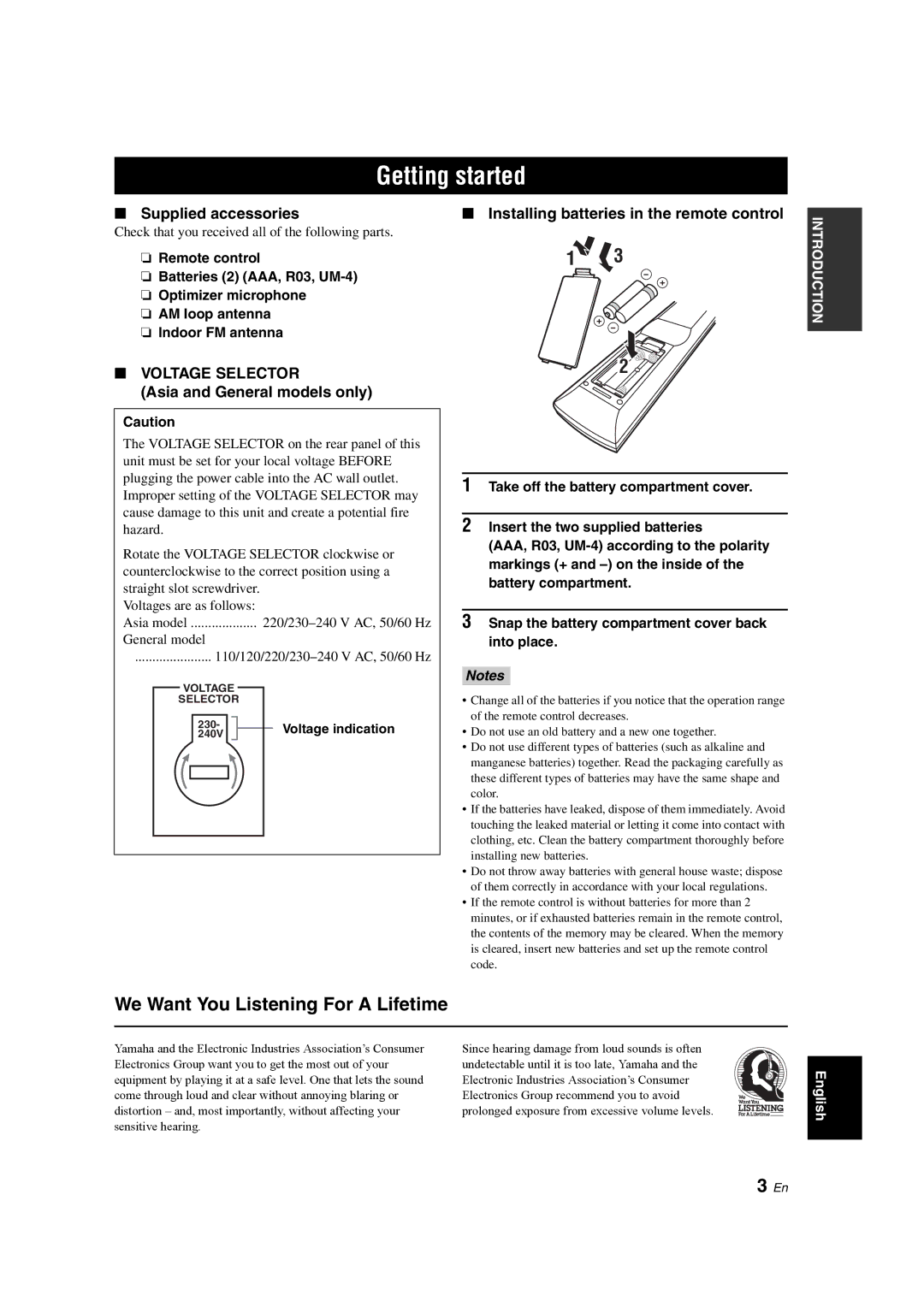 Yamaha HTR-6150 Getting started, We Want You Listening For a Lifetime, Supplied accessories, Asia and General models only 