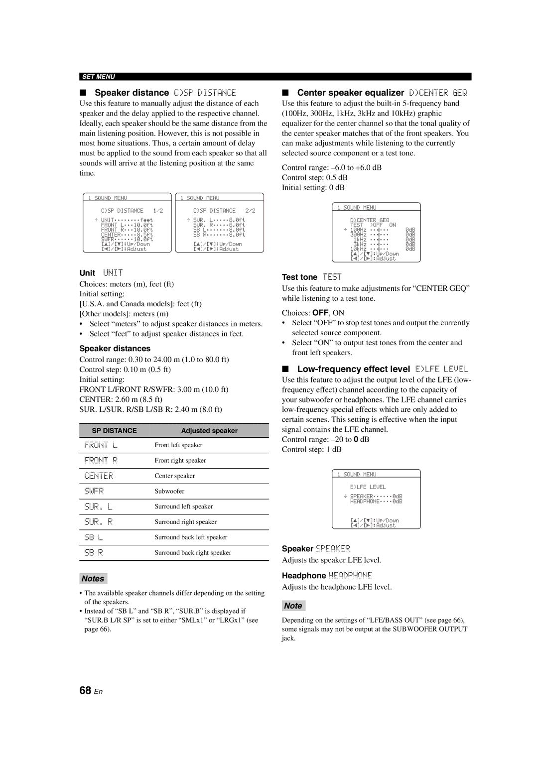 Yamaha HTR-6150 owner manual 68 En, Speaker distance CSP Distance, Center speaker equalizer Dcenter GEQ 