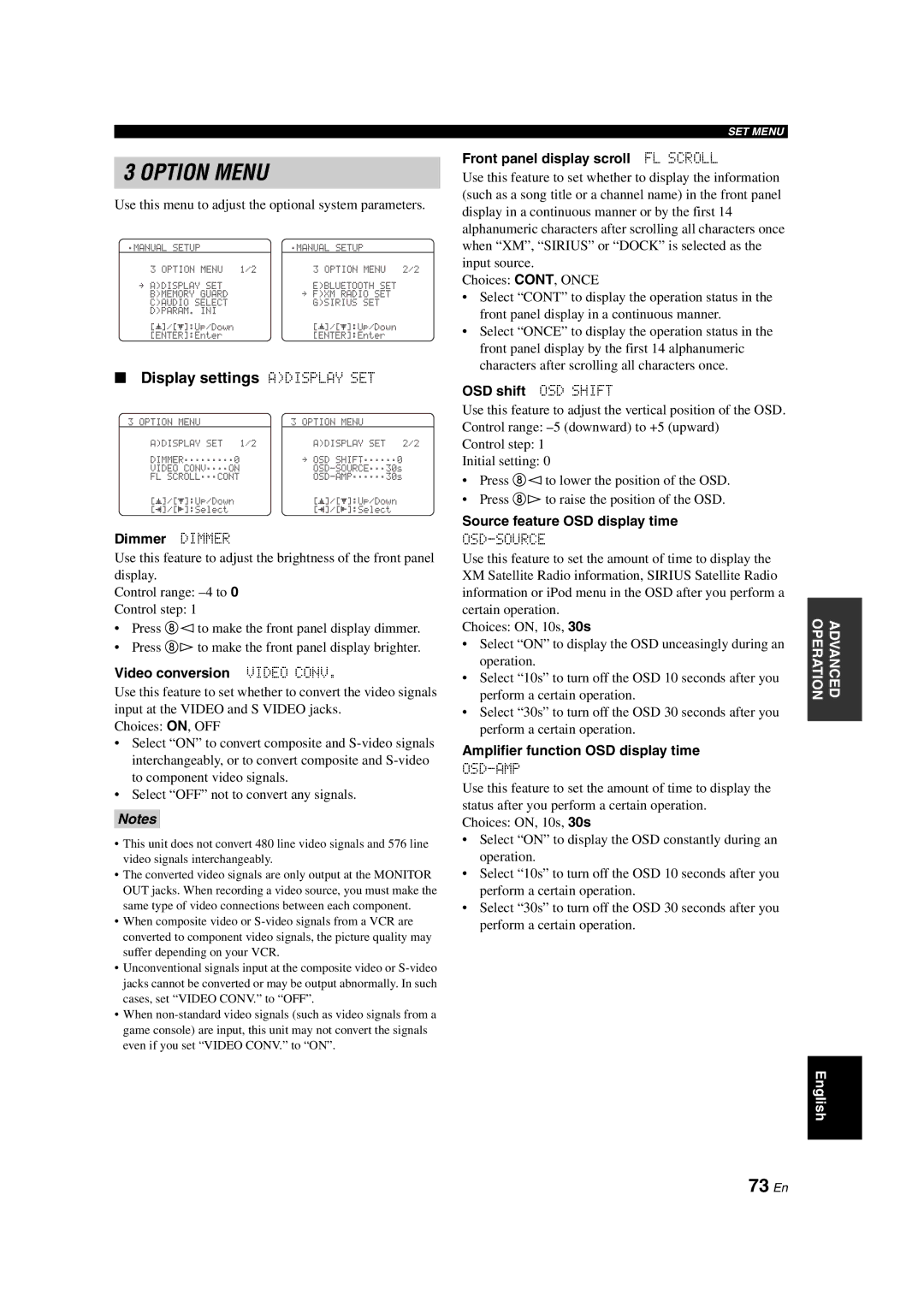 Yamaha HTR-6150 owner manual 73 En, Display settings Adisplay SET 