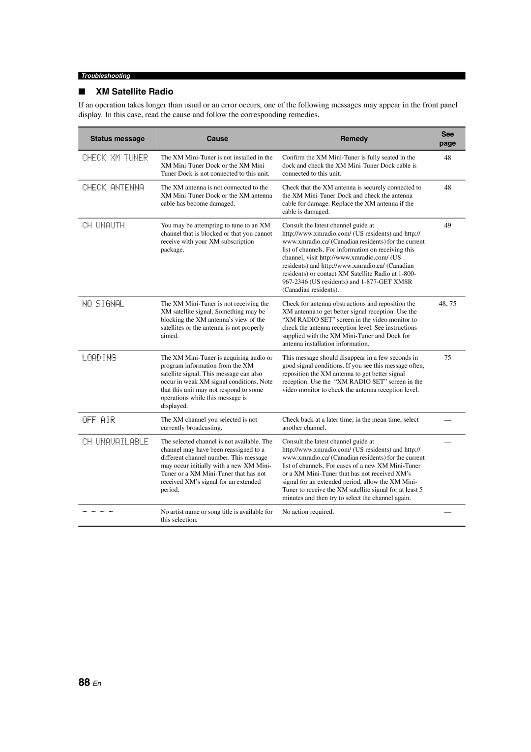 Yamaha HTR-6150 owner manual 88 En, XM Satellite Radio 