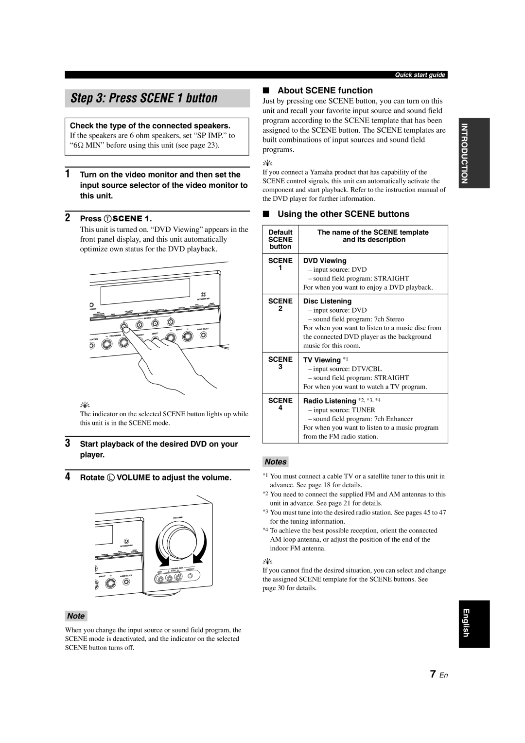 Yamaha HTR-6150 owner manual 7 En, About SCENE function, Using the other SCENE buttons, Press SCENE 1 button, Notes 