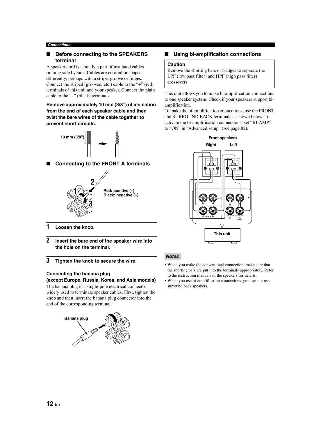 Yamaha HTR-6150 owner manual 12 En, Before connecting to the SPEAKERS terminal, Connecting to the FRONT A terminals, Notes 