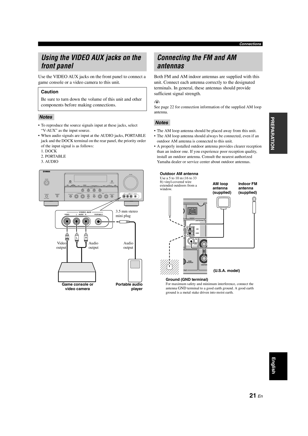 Yamaha HTR-6150 owner manual Using the VIDEO AUX jacks on the front panel, Connecting the FM and AM antennas, 21 En, Notes 