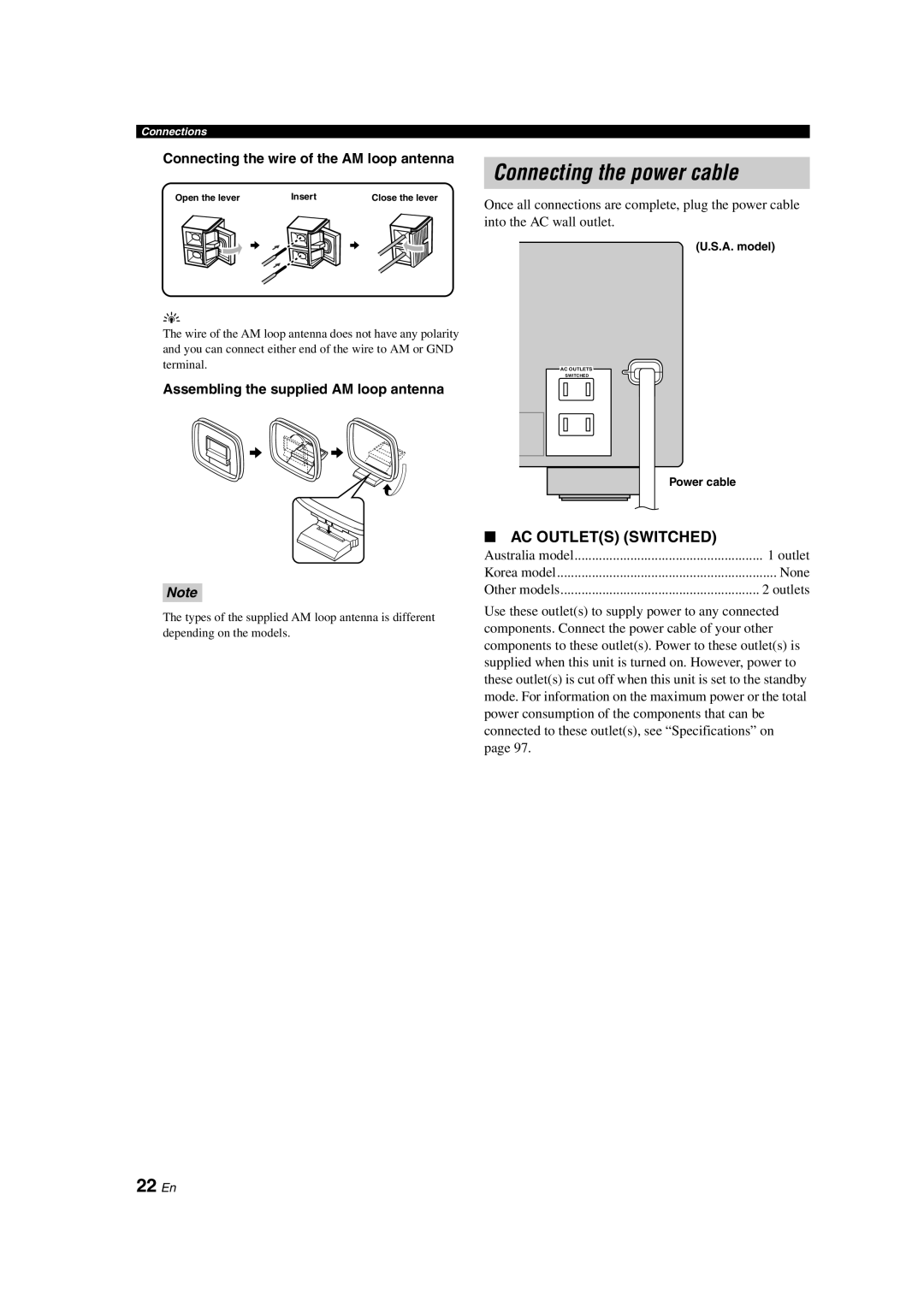 Yamaha HTR-6150 owner manual Connecting the power cable, 22 En, Ac Outlets Switched 