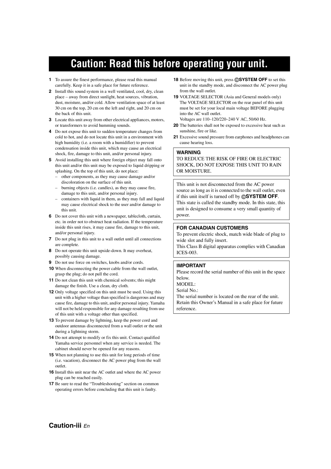 Yamaha HTR-6150 owner manual Caution: Read this before operating your unit, Caution-iii En 