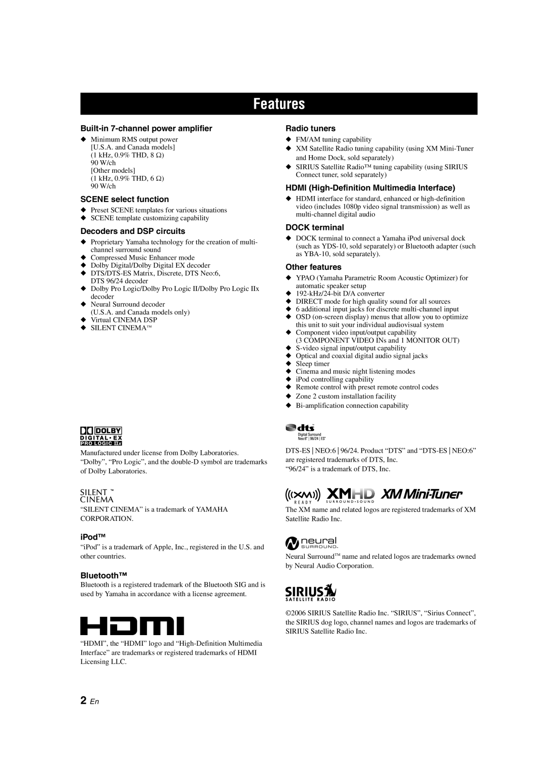 Yamaha HTR-6150 owner manual Features, 2 En 
