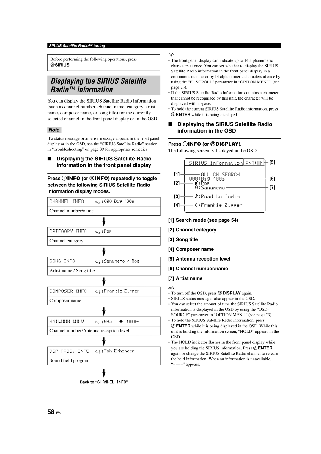 Yamaha HTR-6150 owner manual Displaying the SIRIUS Satellite Radio information, 58 En 