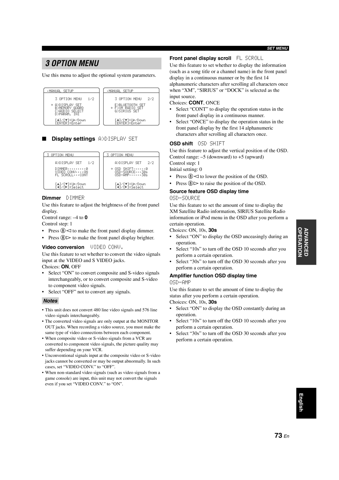 Yamaha HTR-6150 owner manual Option Menu, 73 En, Display settings ADISPLAY SET, Notes 