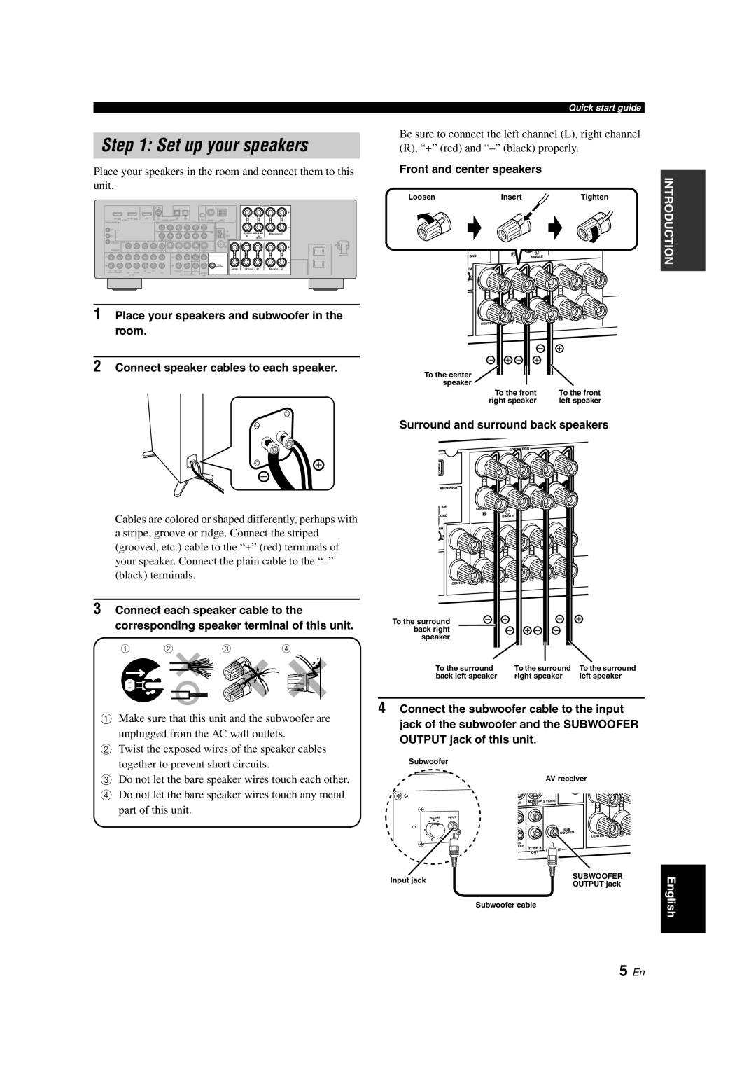 Yamaha HTR-6150 owner manual 5 En, Make sure that this unit and the subwoofer are, unplugged from the AC wall outlets 