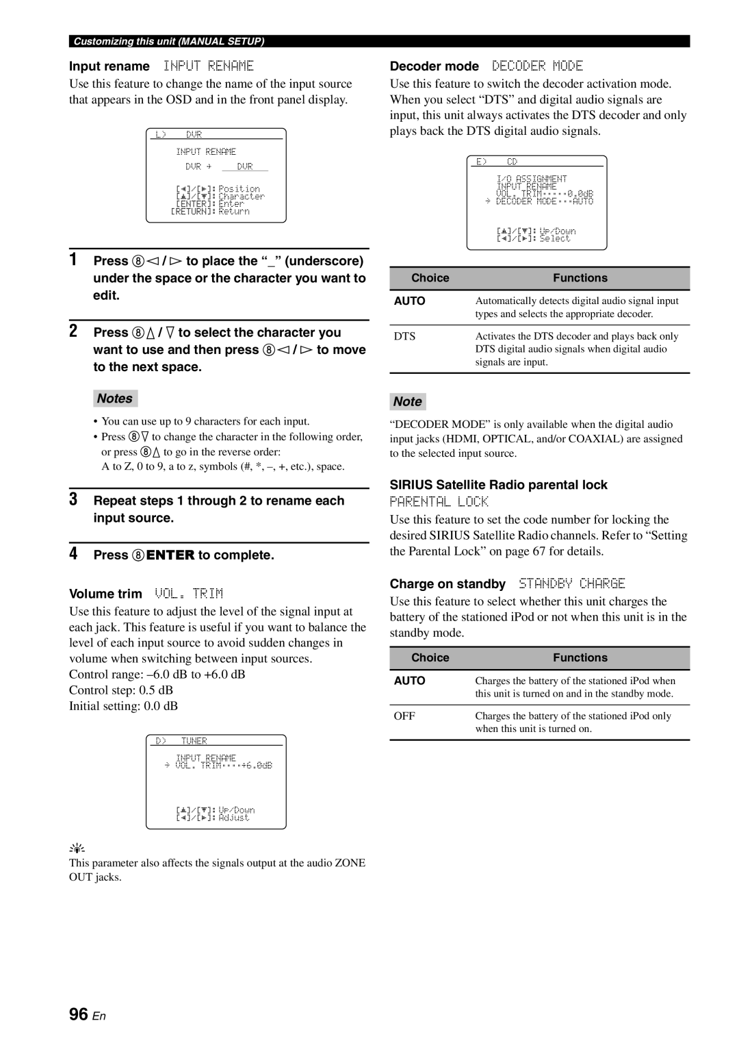 Yamaha HTR-6180 96 En, Input rename Input Rename, Decoder mode Decoder Mode, Sirius Satellite Radio parental lock 