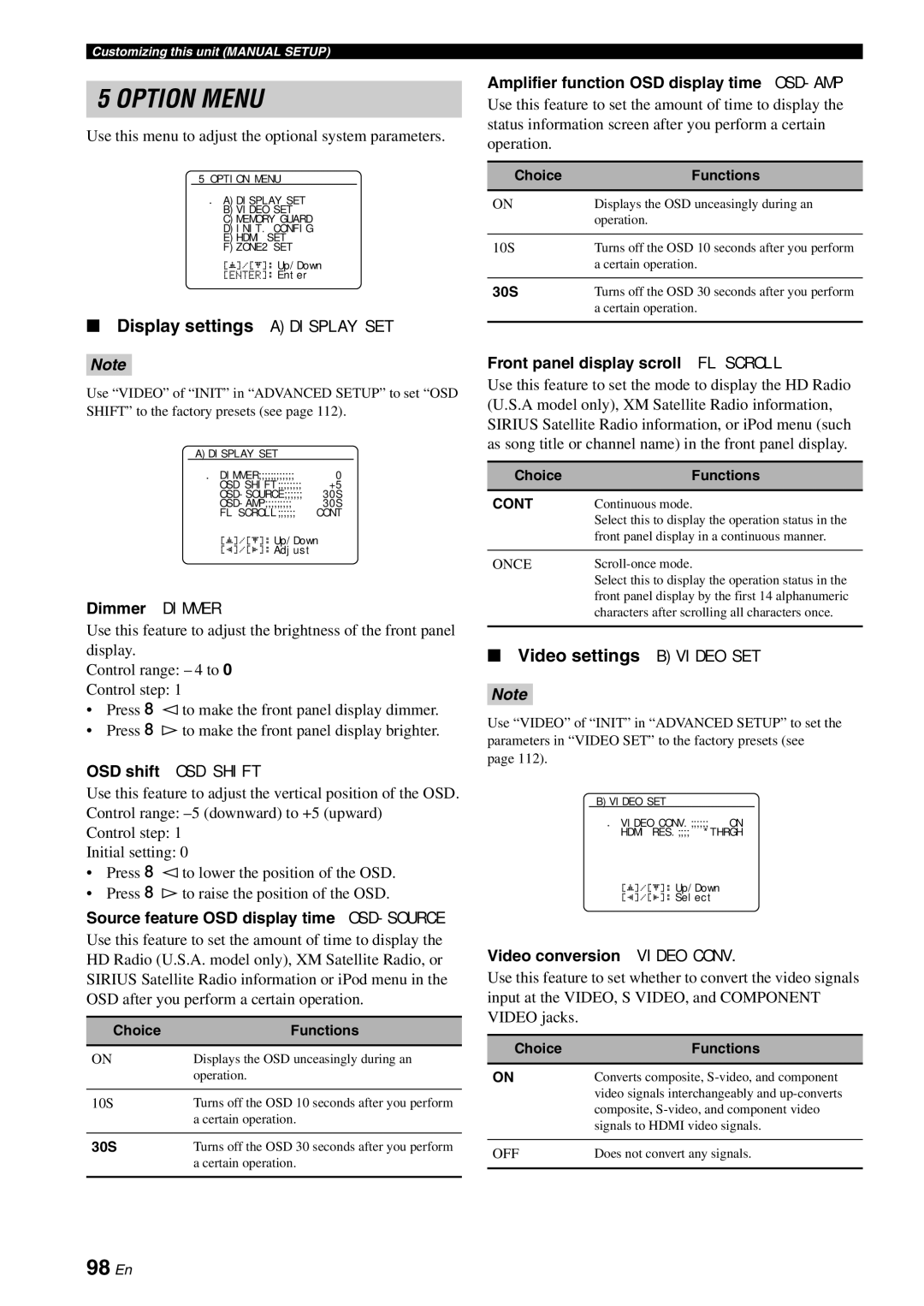 Yamaha HTR-6180 owner manual 98 En, Display settings Adisplay SET, Video settings Bvideo SET 