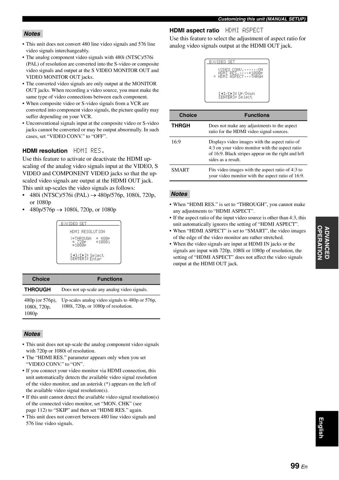 Yamaha HTR-6180 owner manual 99 En, Hdmi resolution Hdmi RES, Hdmi aspect ratio Hdmi Aspect, Through, Thrgh 