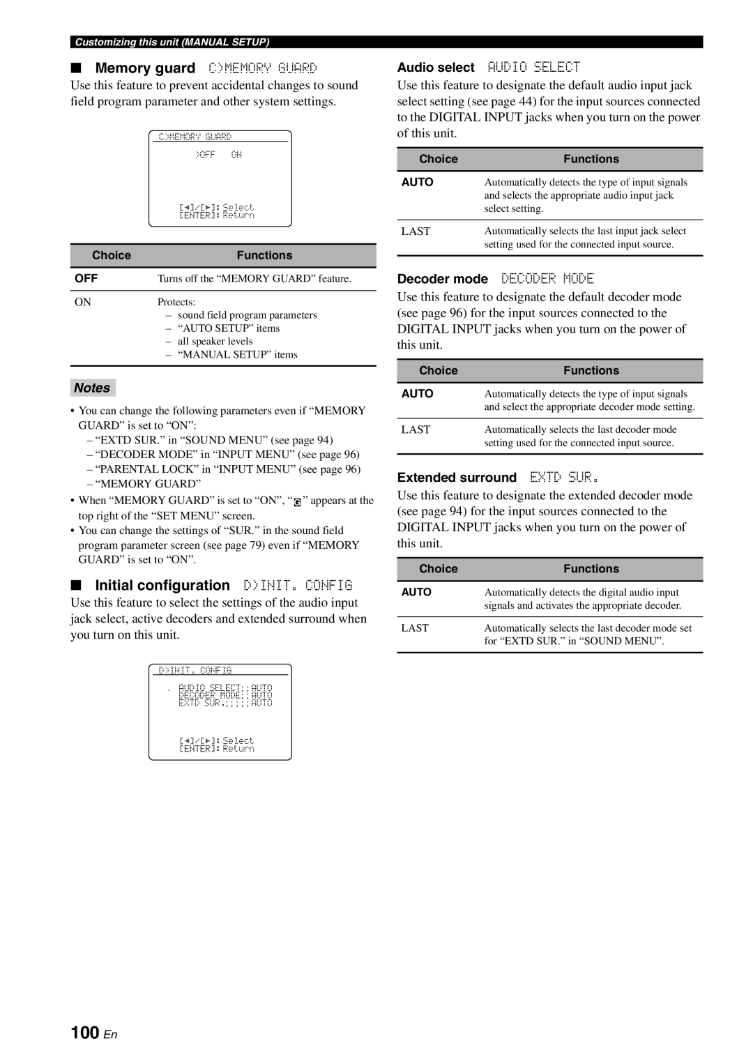 Yamaha HTR-6180 100 En, Initial configuration DINIT. Config, Memory guard Cmemory Guard, Audio select Audio Select 