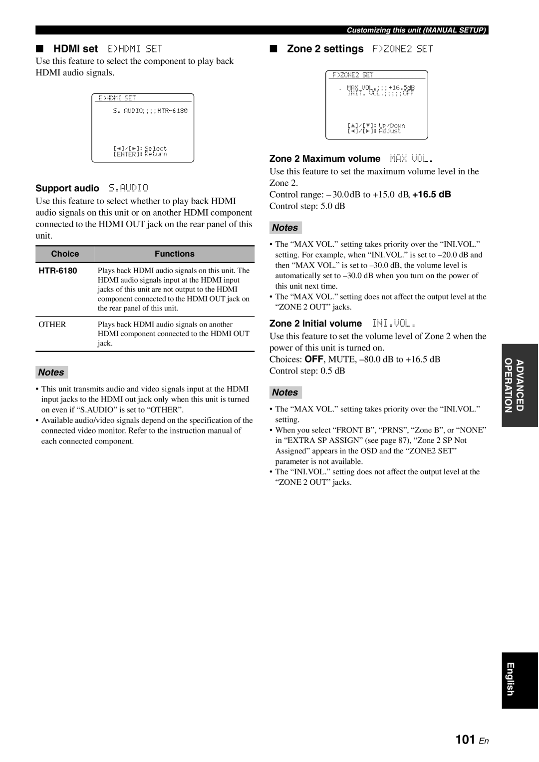 Yamaha HTR-6180 owner manual 101 En, Zone 2 settings FZONE2 SET, Support audio S.AUDIO, Zone 2 Maximum volume MAX VOL 