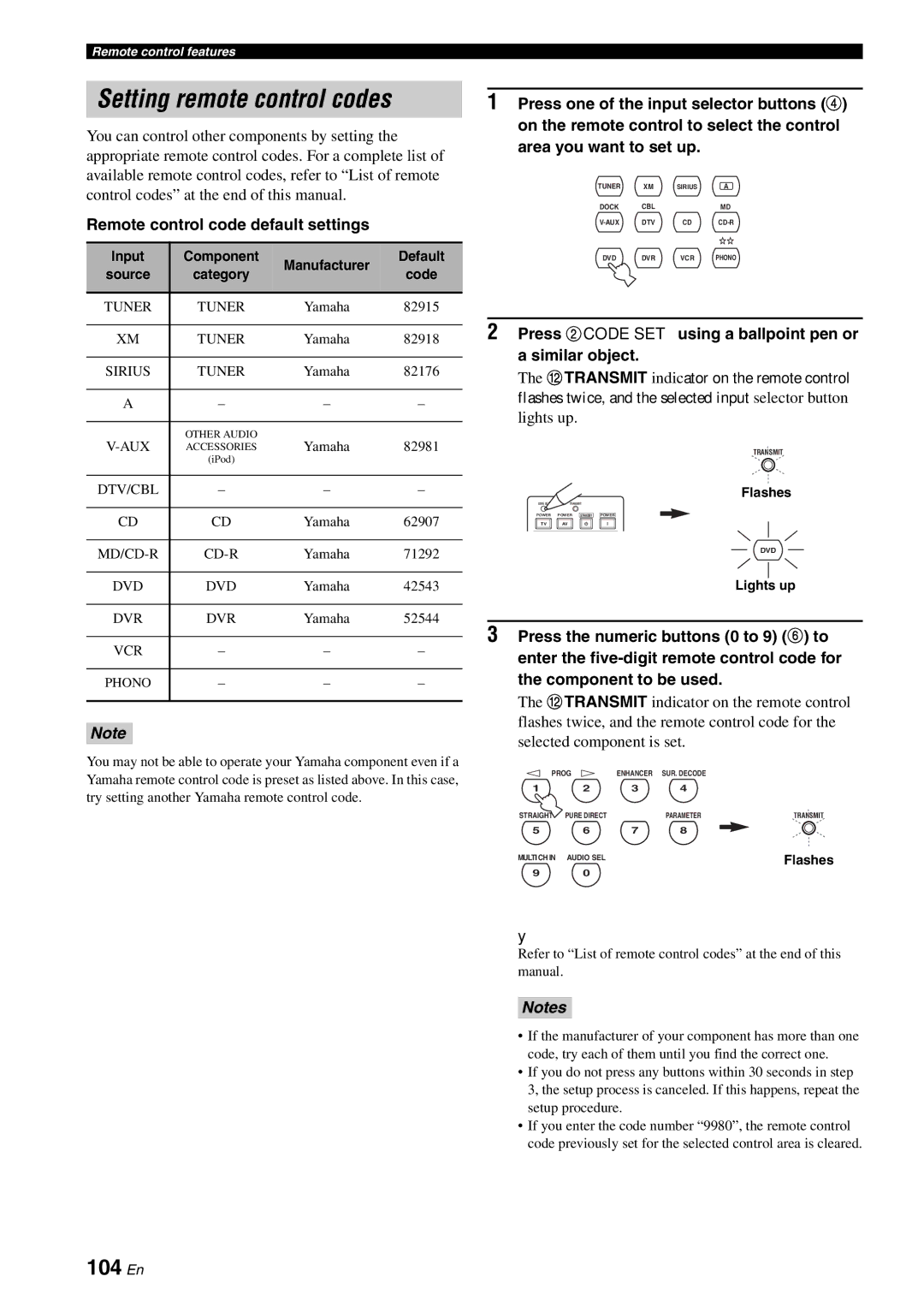 Yamaha HTR-6180 owner manual Setting remote control codes, 104 En, Remote control code default settings 