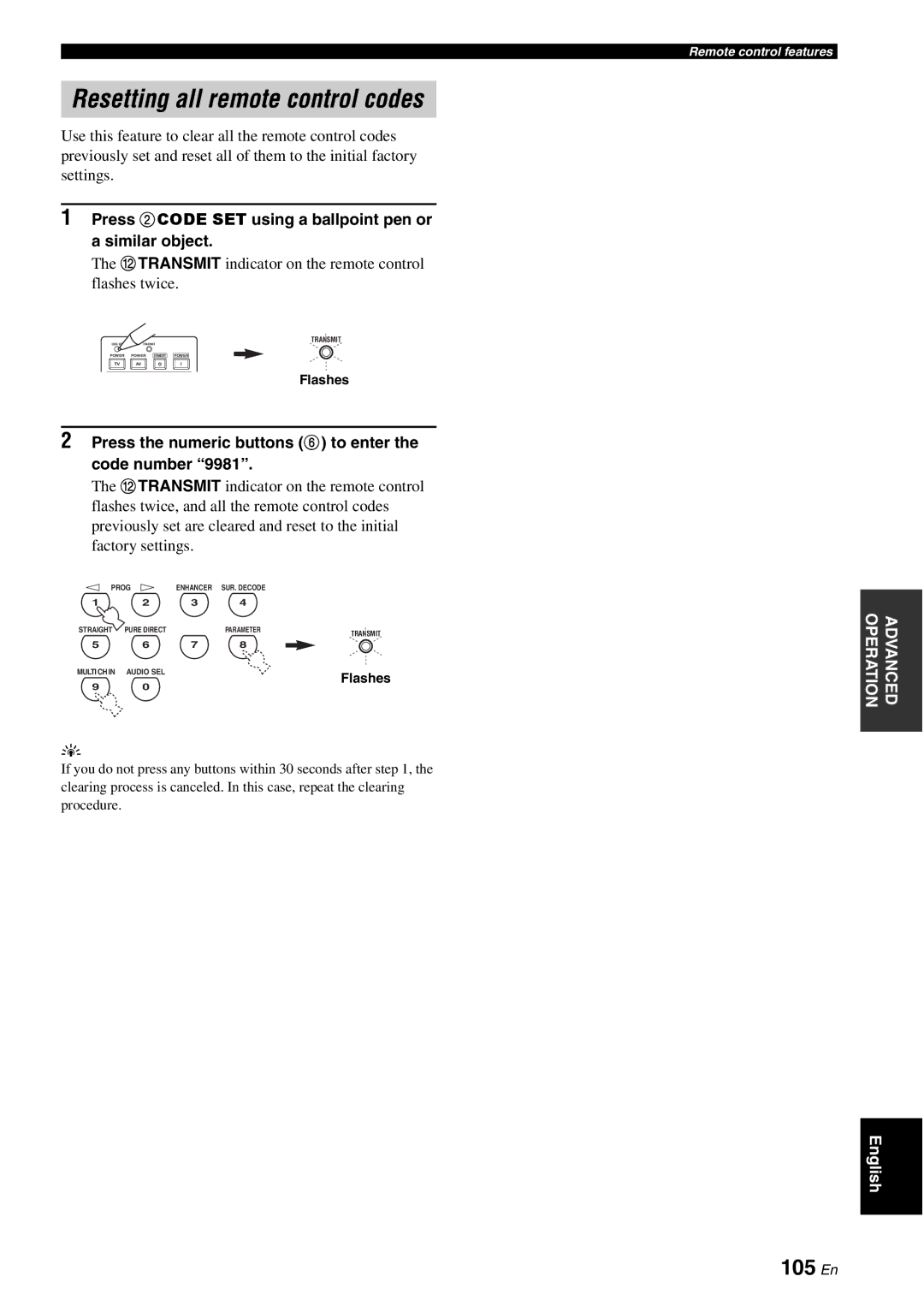 Yamaha HTR-6180 Resetting all remote control codes, 105 En, Btransmit indicator on the remote control flashes twice 