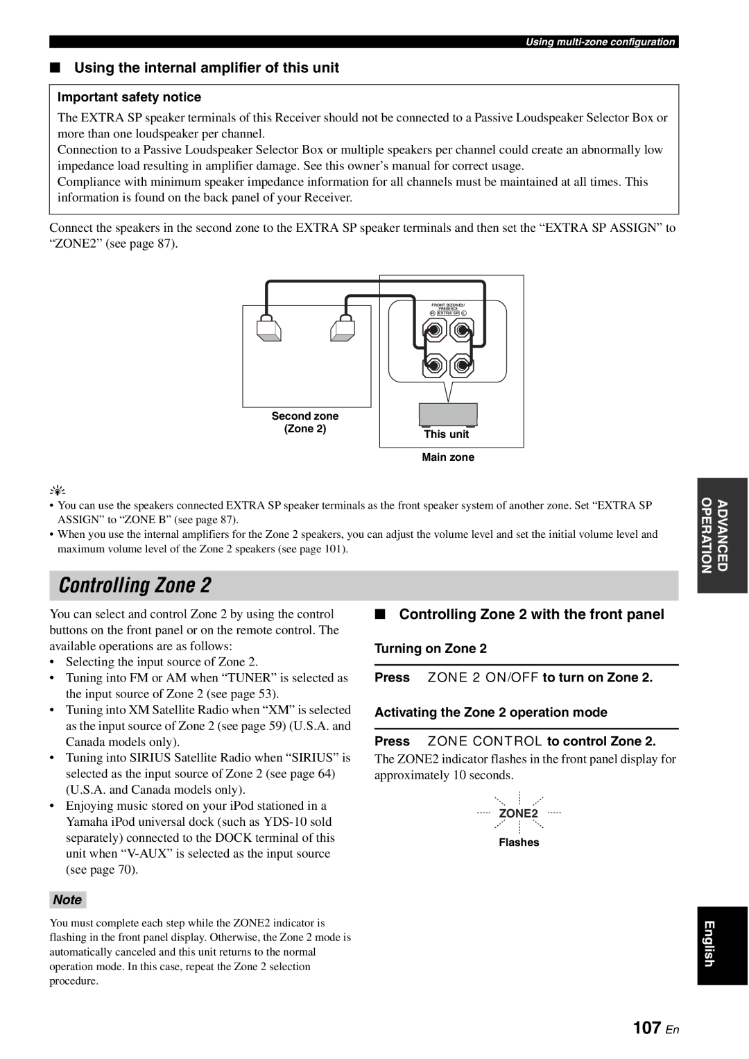 Yamaha HTR-6180 owner manual Controlling Zone, 107 En, Using the internal amplifier of this unit, Important safety notice 