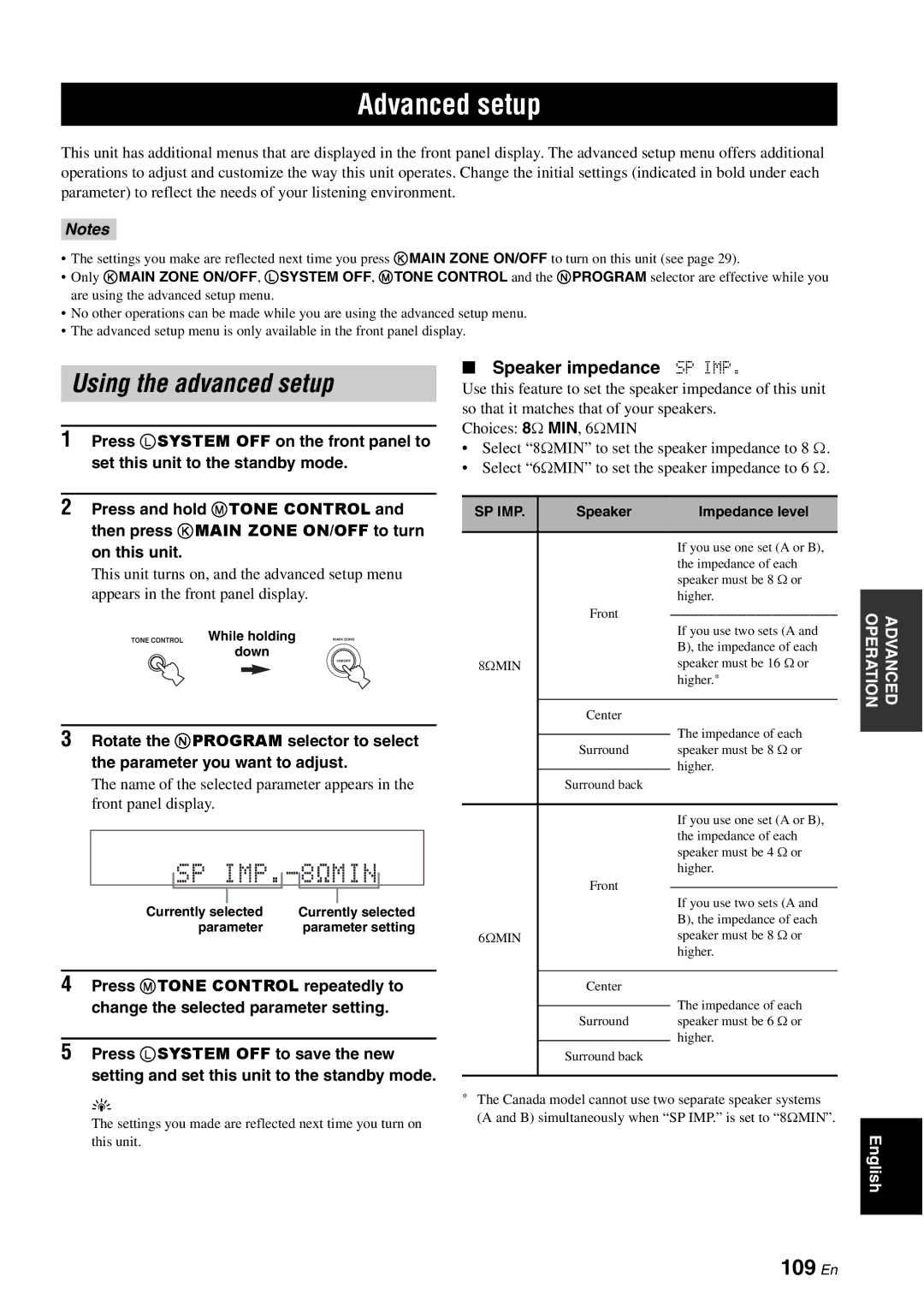 Yamaha HTR-6180 owner manual Advanced setup, Using the advanced setup, 109 En, Speaker impedance SP IMP, Sp Imp 