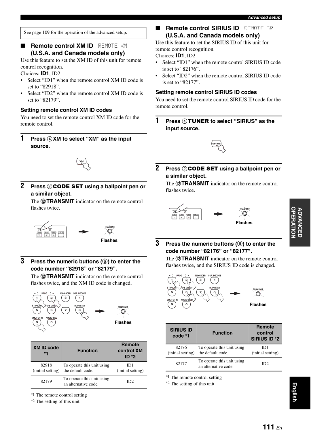 Yamaha HTR-6180 111 En, Remote control XM ID Remote XM A. and Canada models only, Setting remote control XM ID codes 