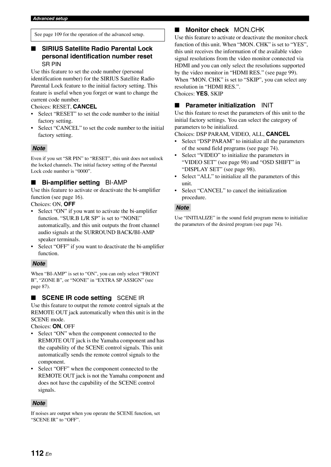 Yamaha HTR-6180 owner manual 112 En, Bi-amplifier setting BI-AMP, Scene IR code setting Scene IR, Monitor check MON.CHK 