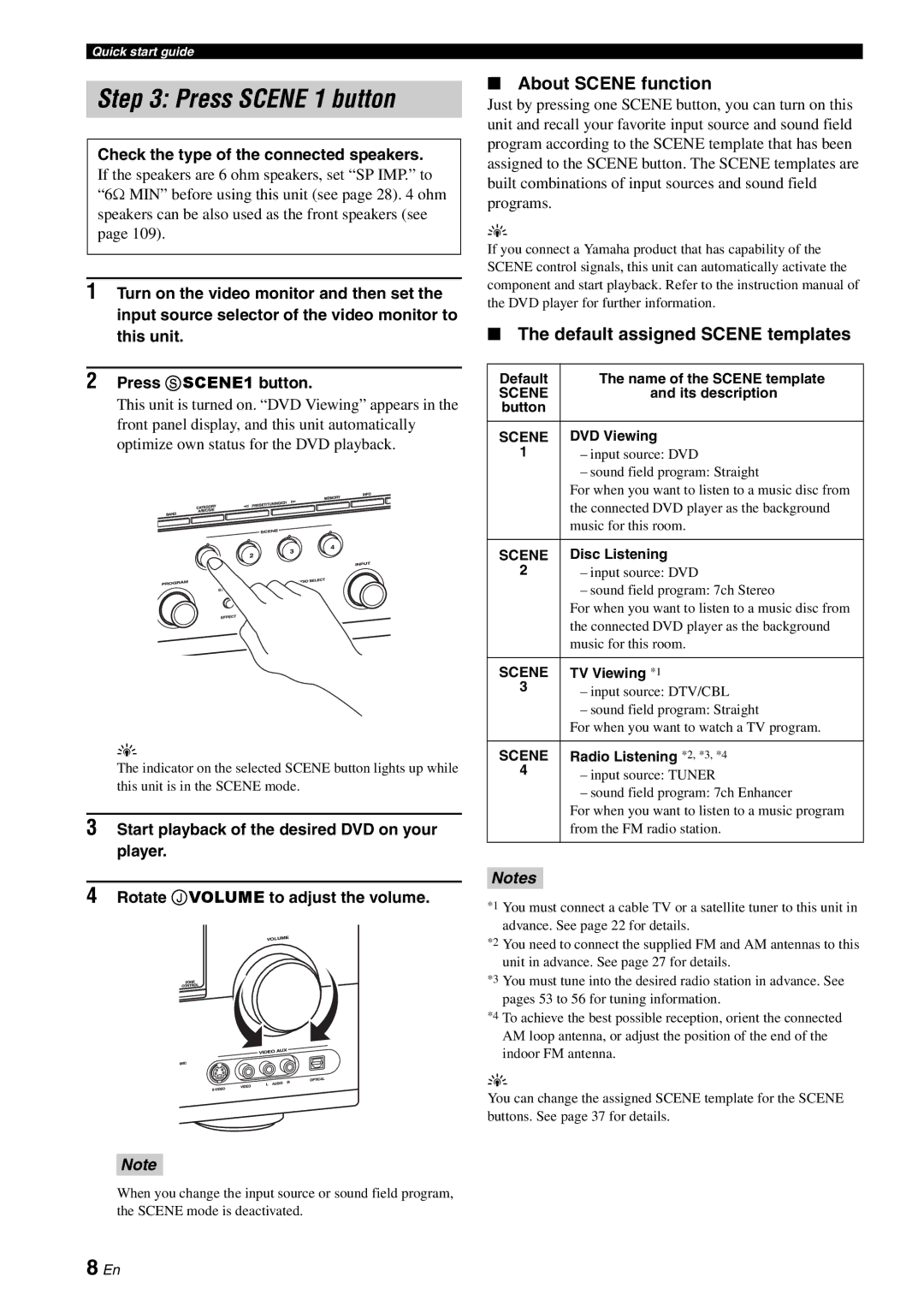 Yamaha HTR-6180 About Scene function, Default assigned Scene templates, Check the type of the connected speakers 