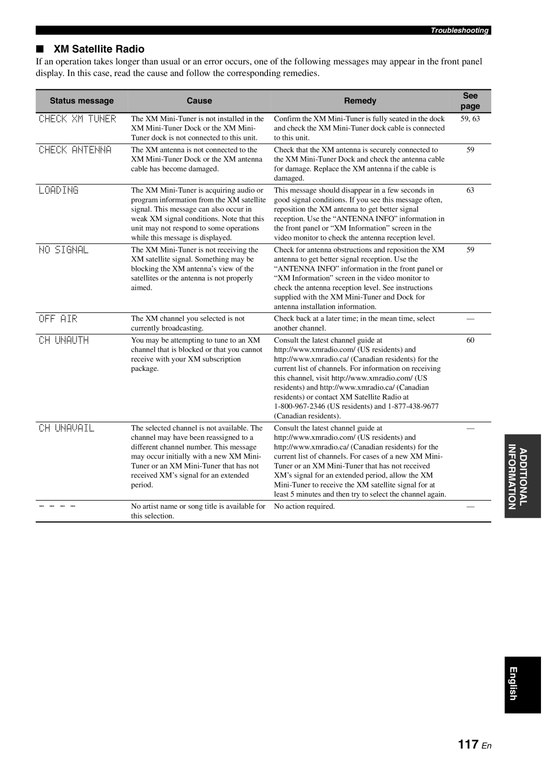 Yamaha HTR-6180 owner manual 117 En, XM Satellite Radio 