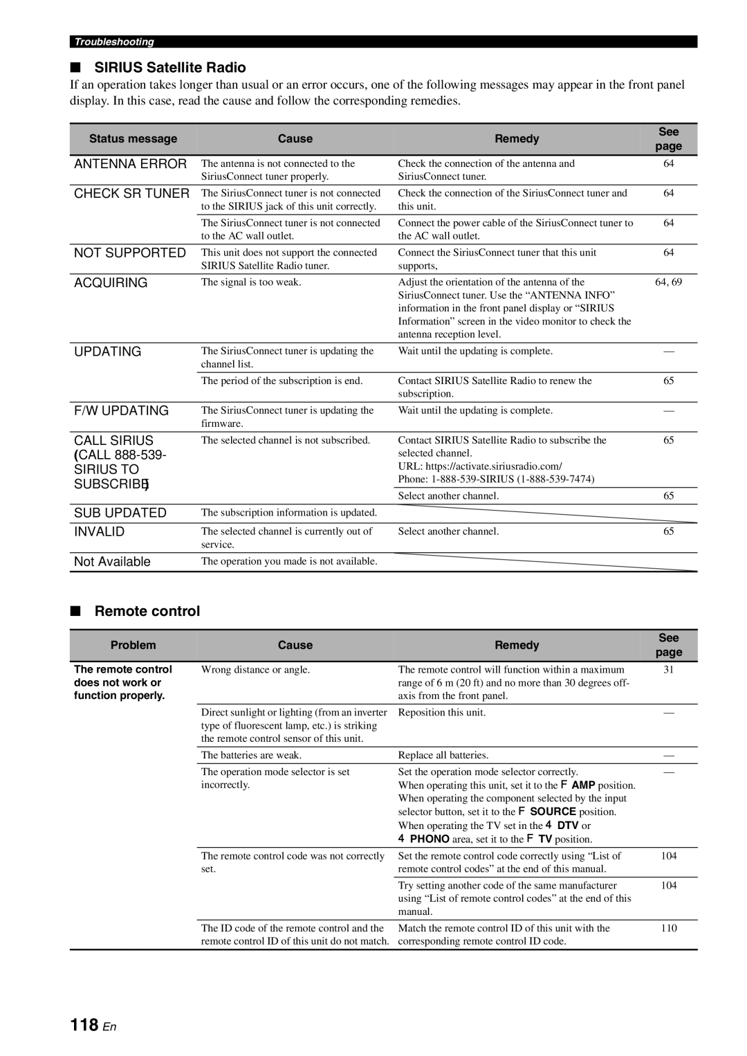 Yamaha HTR-6180 owner manual 118 En, Sirius Satellite Radio 