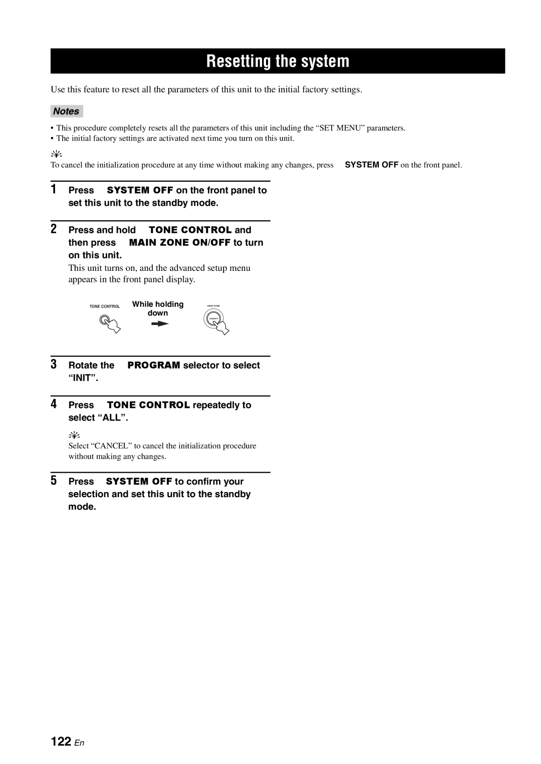 Yamaha HTR-6180 owner manual Resetting the system, 122 En, Tone Control While holding down 