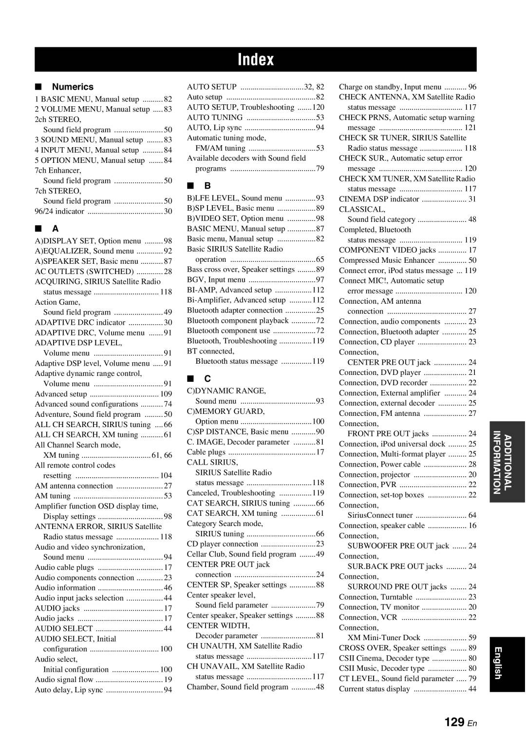 Yamaha HTR-6180 owner manual Index, 129 En, Numerics 