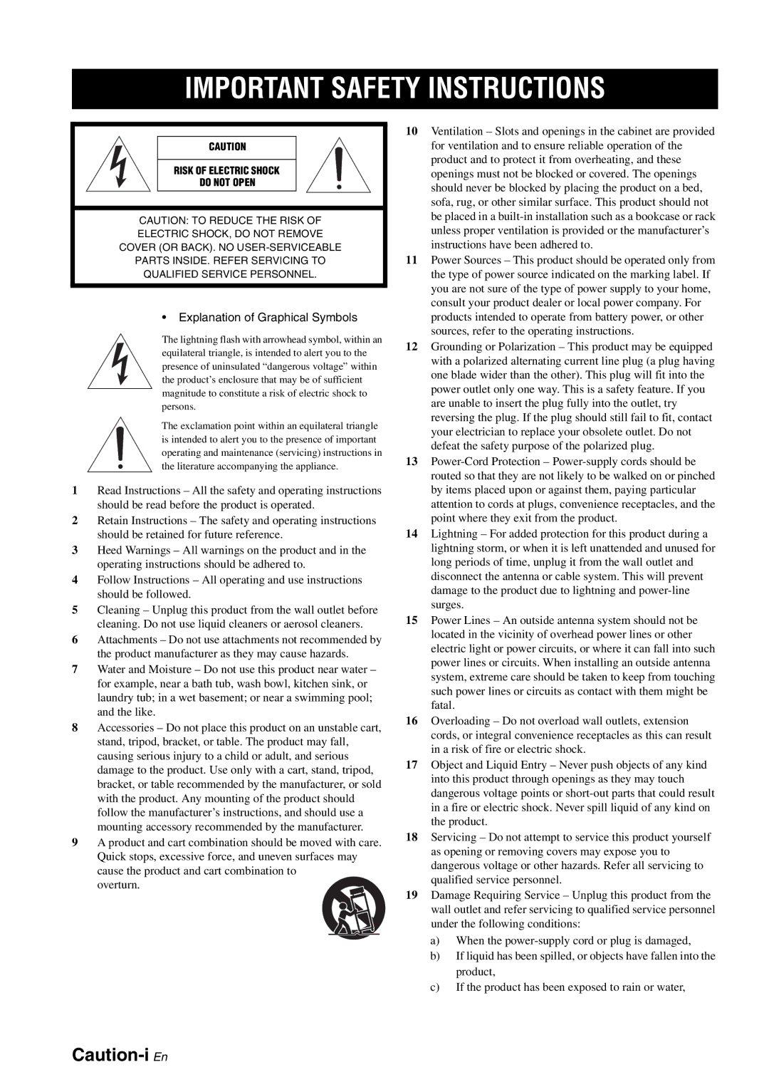 Yamaha HTR-6180 owner manual Important Safety Instructions 