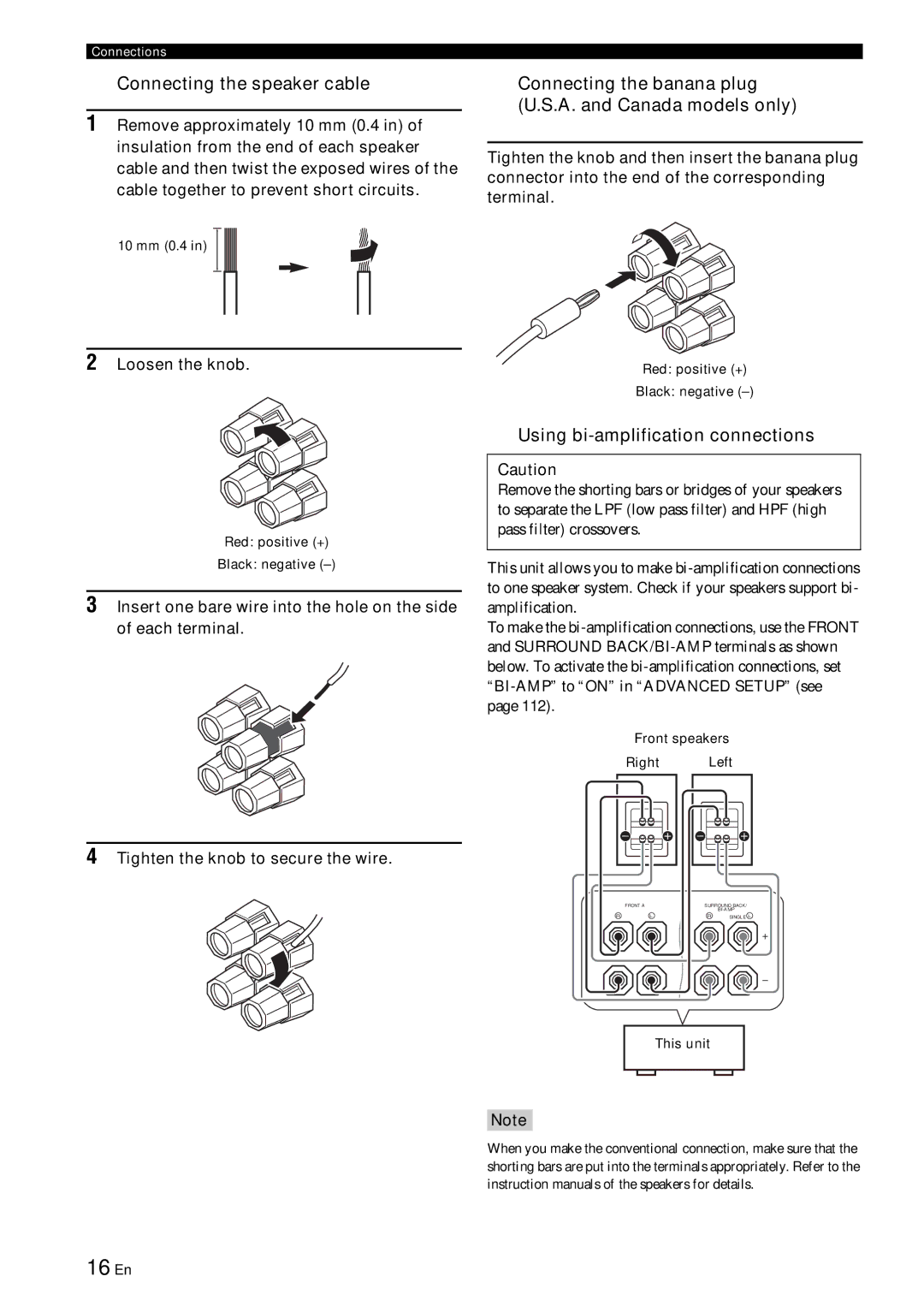 Yamaha HTR-6180 owner manual 16 En, Connecting the speaker cable, Connecting the banana plug U.S.A. and Canada models only 