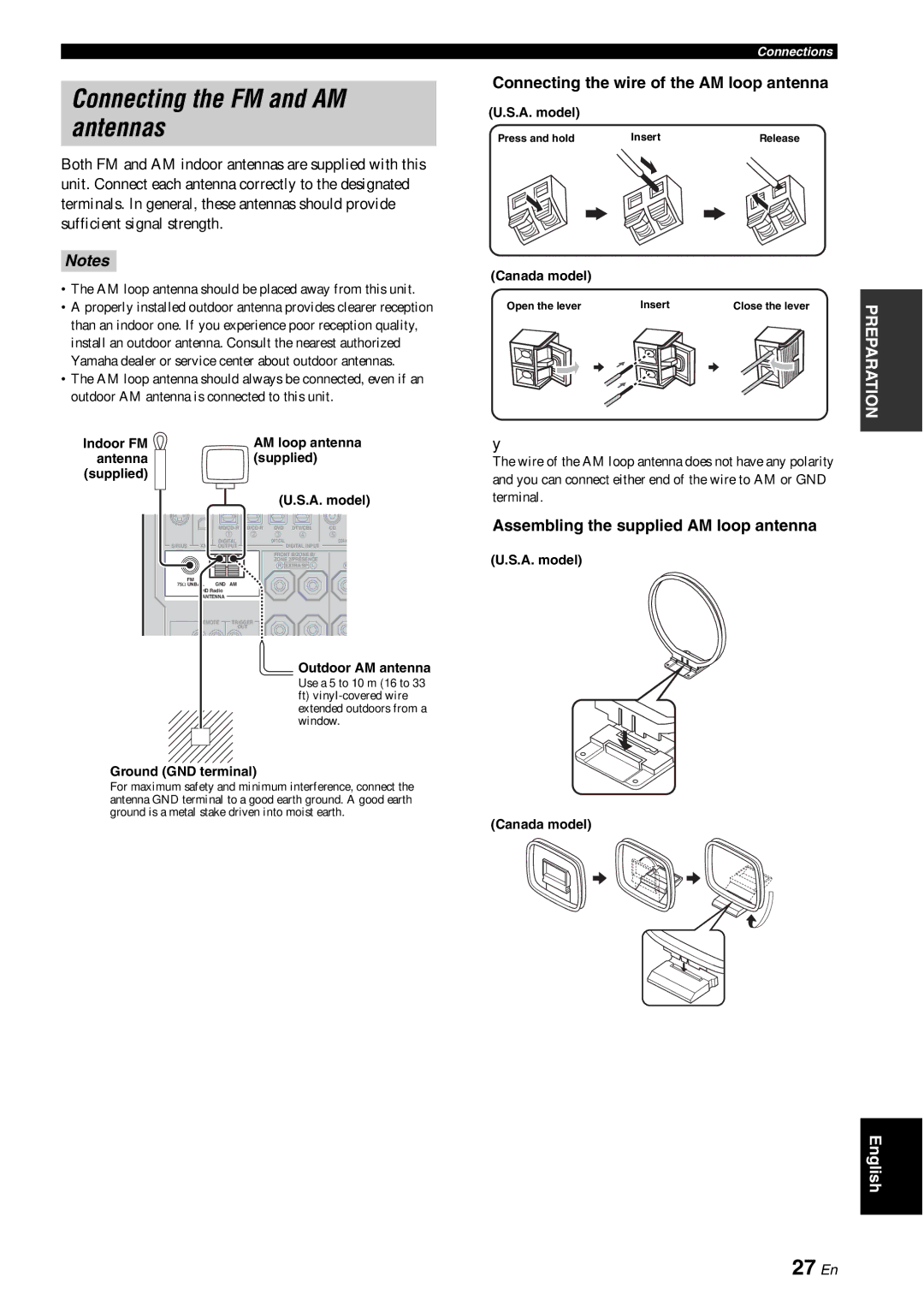 Yamaha HTR-6180 owner manual Connecting the FM and AM antennas, 27 En, Connecting the wire of the AM loop antenna 