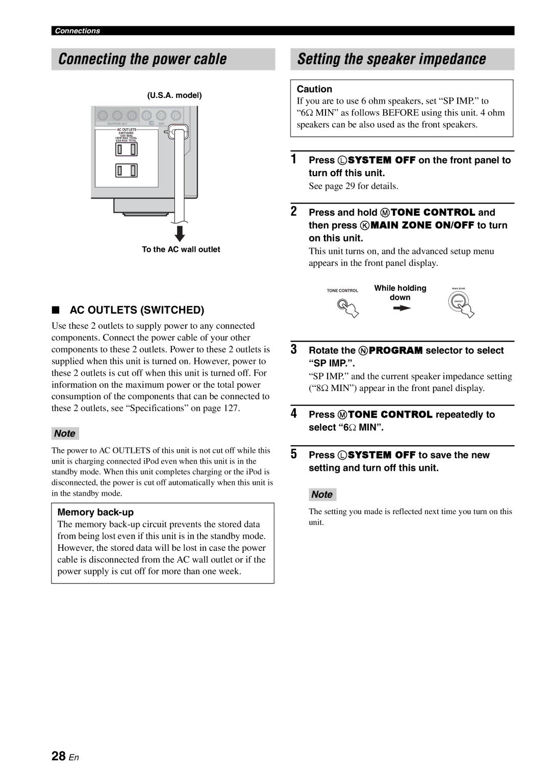 Yamaha HTR-6180 28 En, Memory back-up, Press Lsystem OFF on the front panel to turn off this unit, See page 29 for details 