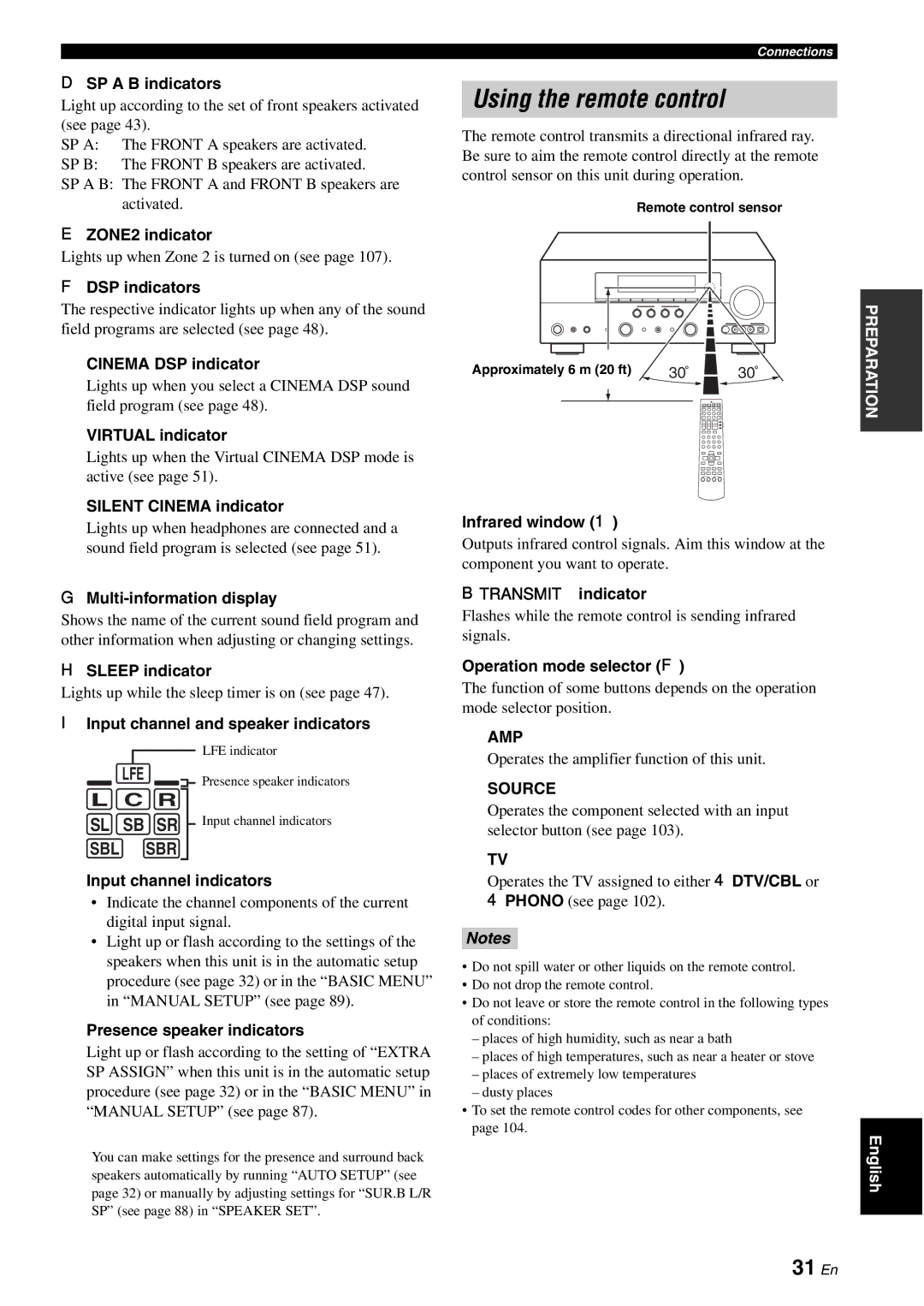 Yamaha HTR-6180 owner manual Using the remote control, 31 En, Amp, Source 