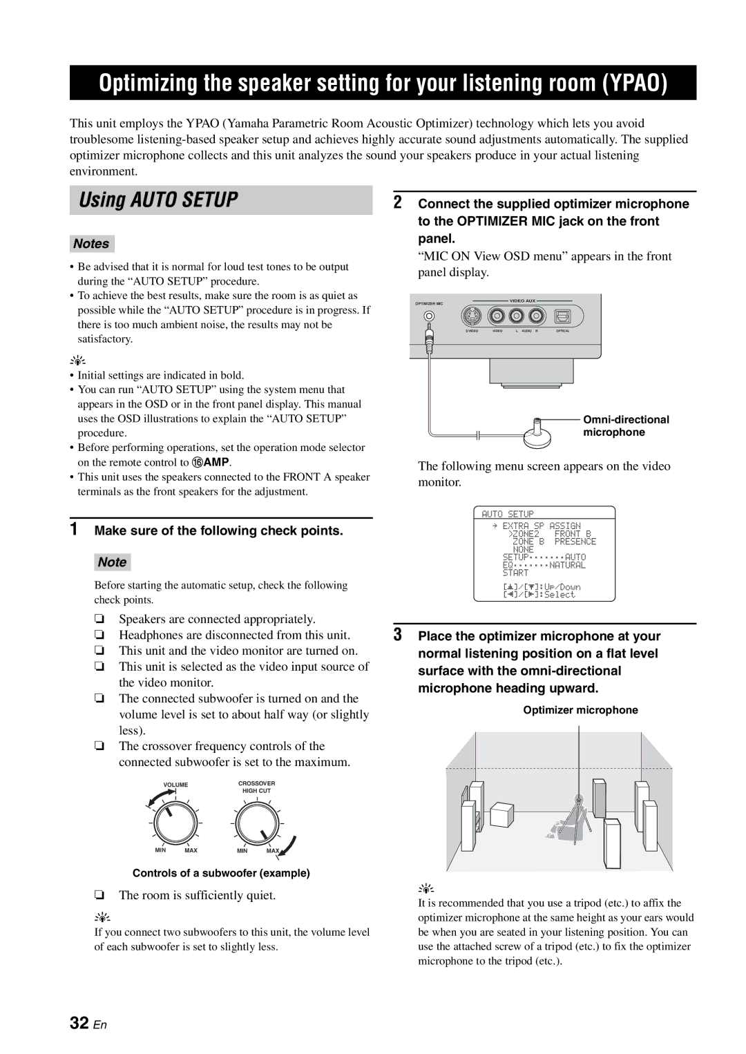 Yamaha HTR-6180 owner manual Using Auto Setup, 32 En, Make sure of the following check points 