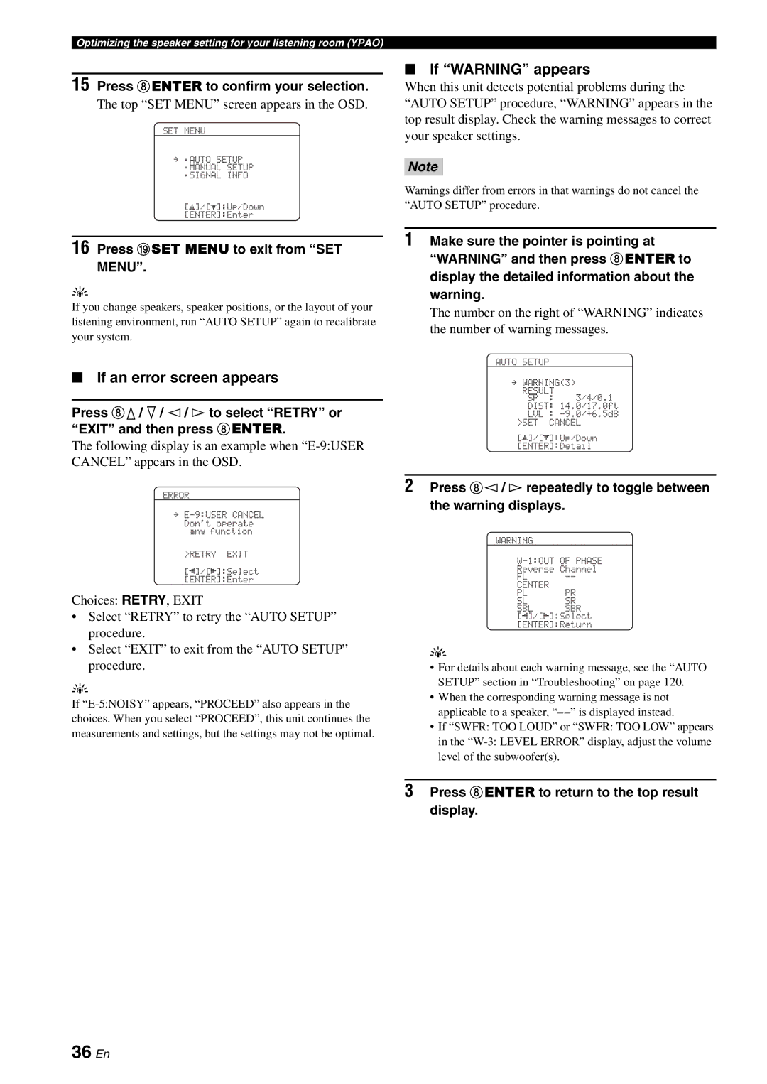 Yamaha HTR-6180 owner manual 36 En, If an error screen appears, If Warning appears, Top SET Menu screen appears in the OSD 