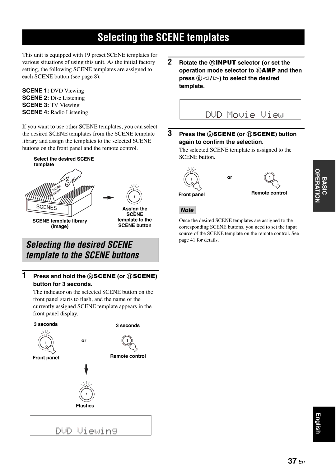 Yamaha HTR-6180 owner manual Selecting the Scene templates, 37 En, Press and hold the Sscene or Ascene button for 3 seconds 