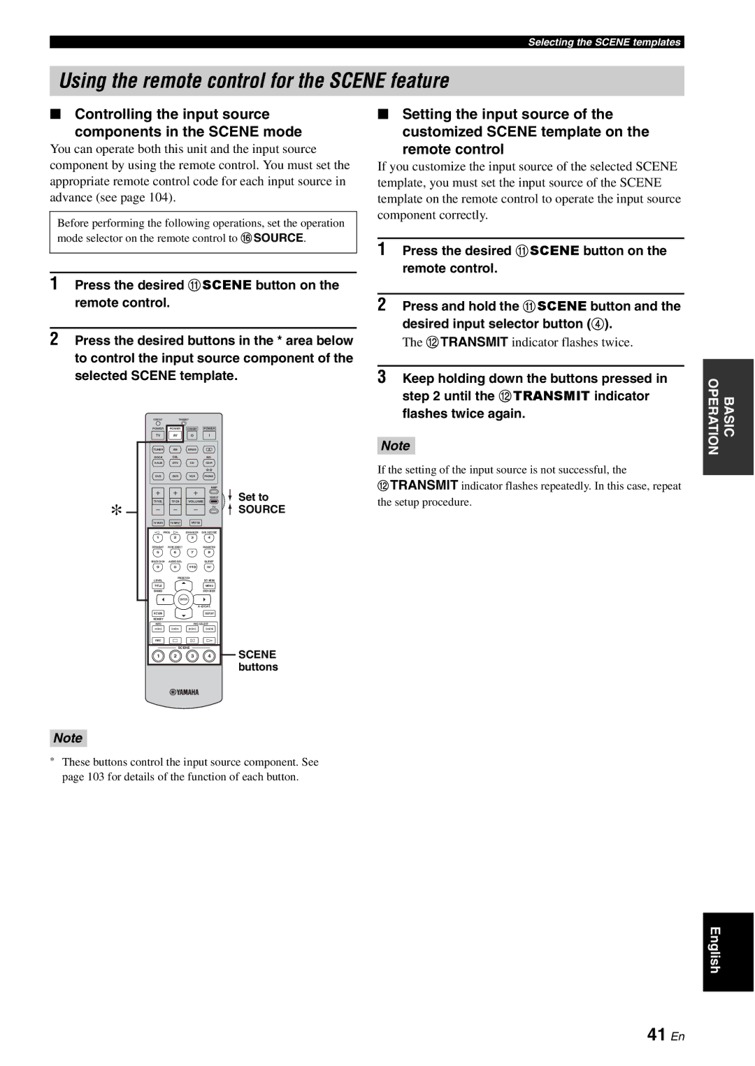 Yamaha HTR-6180 Using the remote control for the Scene feature, 41 En, Btransmit indicator flashes twice, Set to 