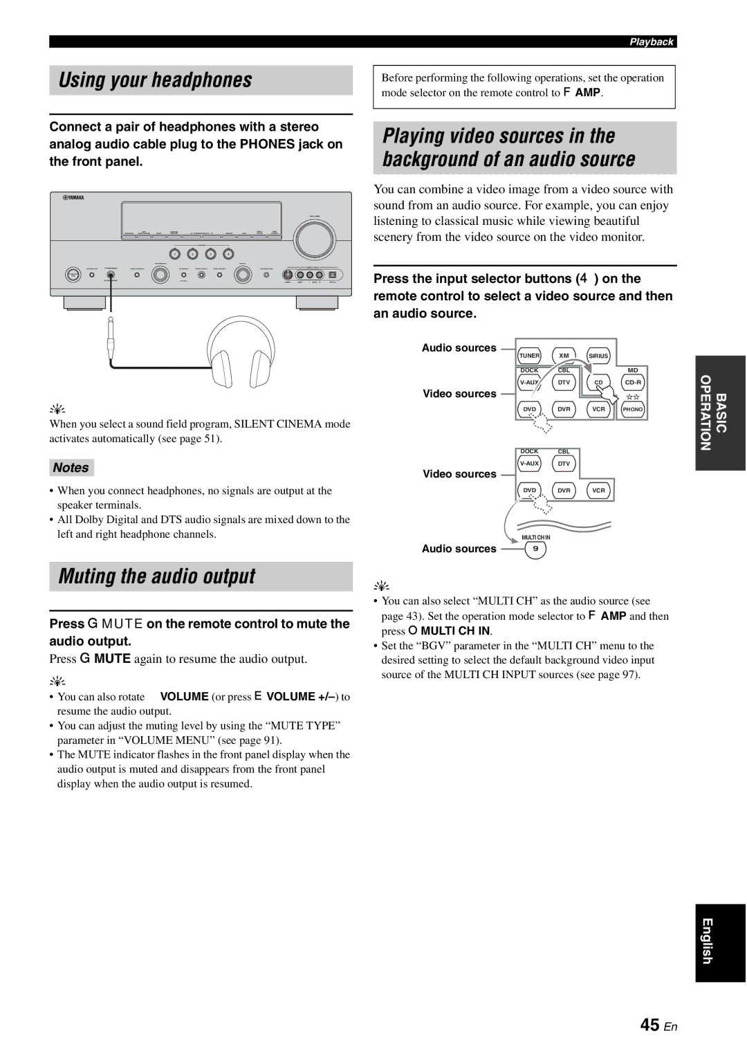 Yamaha HTR-6180 Using your headphones, Muting the audio output, 45 En, Press Gmute again to resume the audio output 