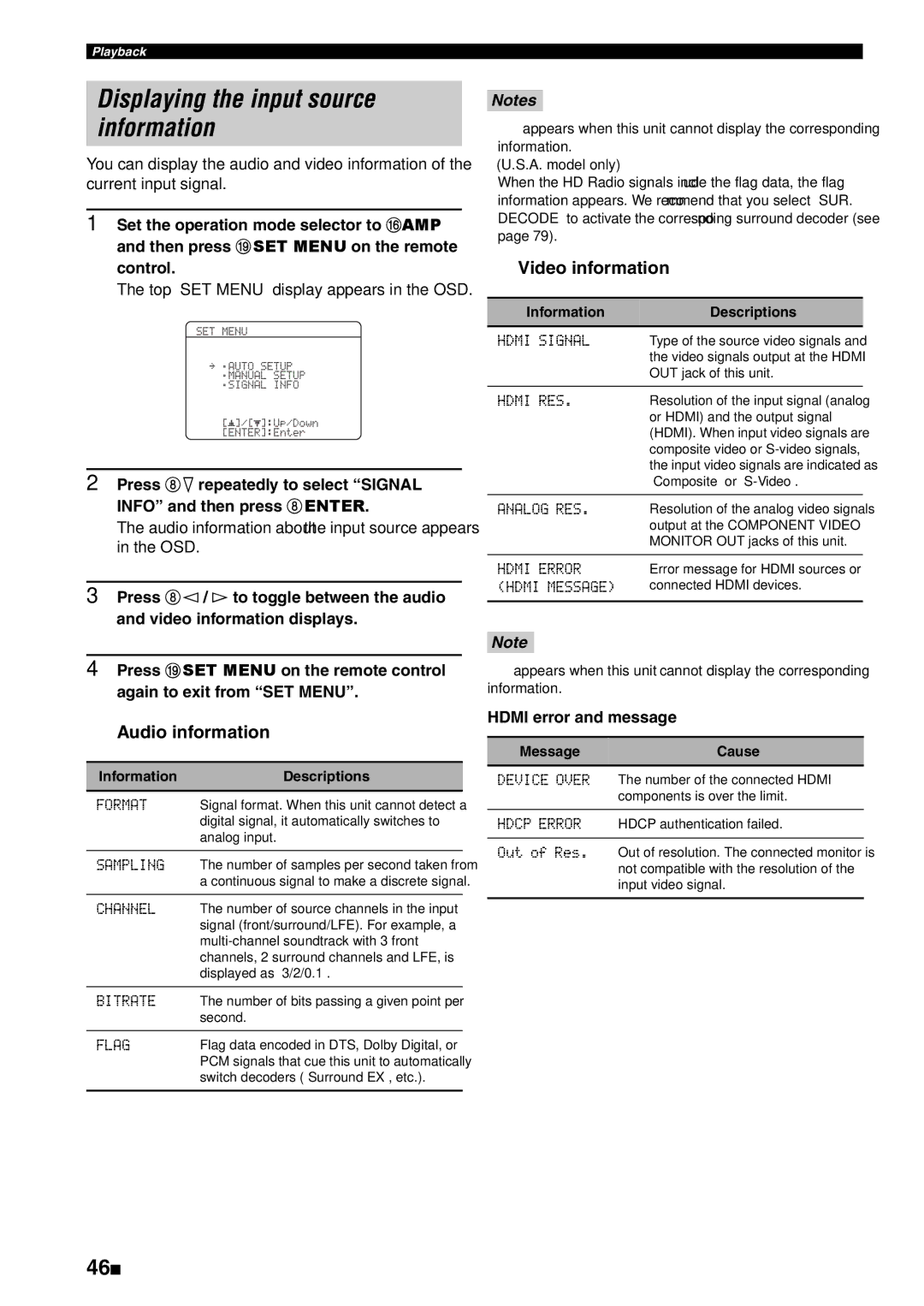 Yamaha HTR-6180 owner manual Displaying the input source information, 46 En, Audio information, Video information 