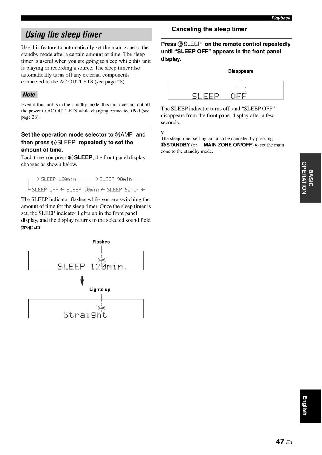 Yamaha HTR-6180 Using the sleep timer, 47 En, Canceling the sleep timer, Cstandby or Kmain Zone ON/OFF to set the main 