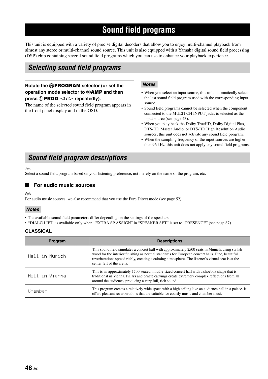 Yamaha HTR-6180 Sound field programs, Sound field program descriptions, 48 En, For audio music sources, Classical 