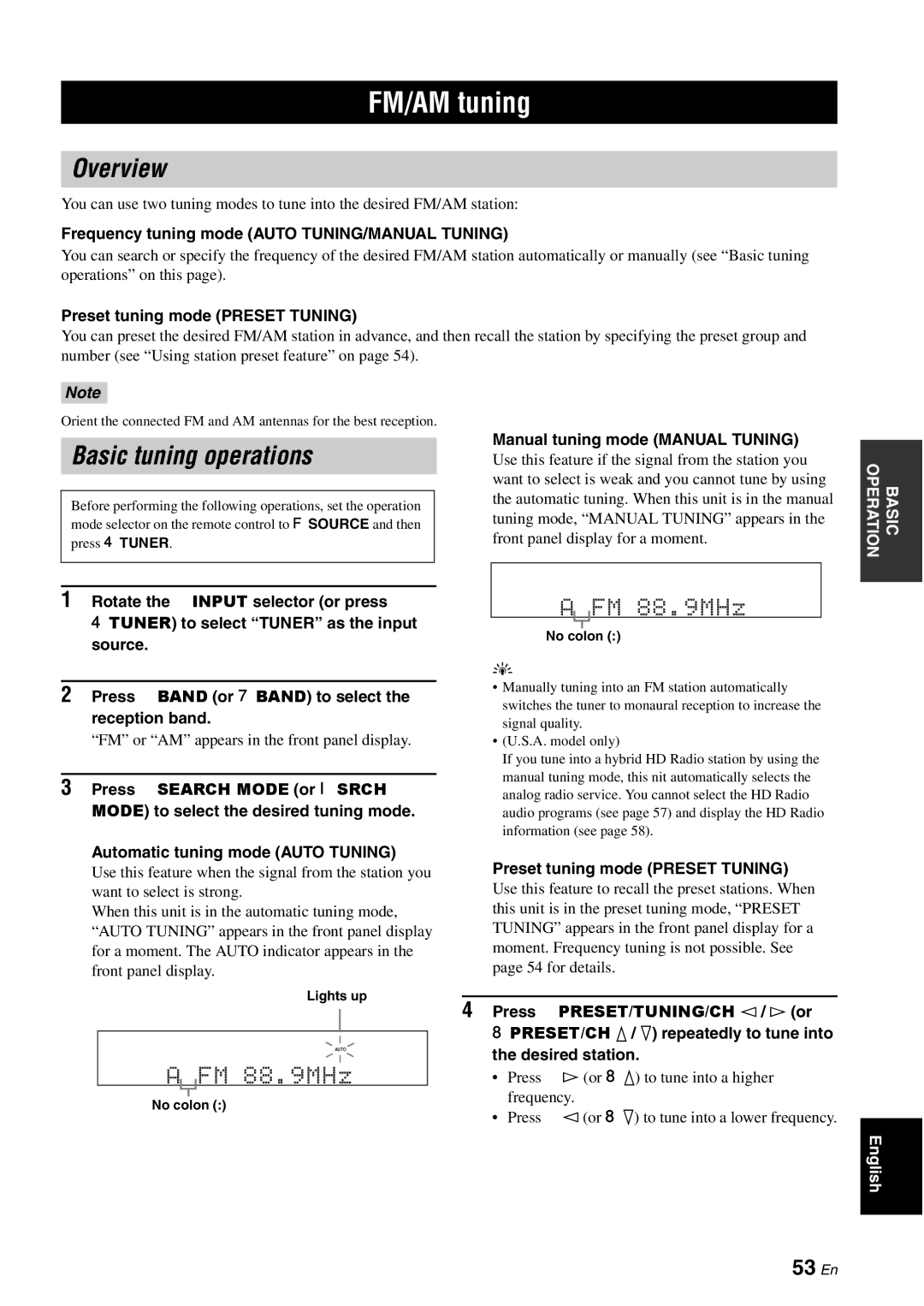 Yamaha HTR-6180 owner manual FM/AM tuning, Overview, Basic tuning operations, 53 En 