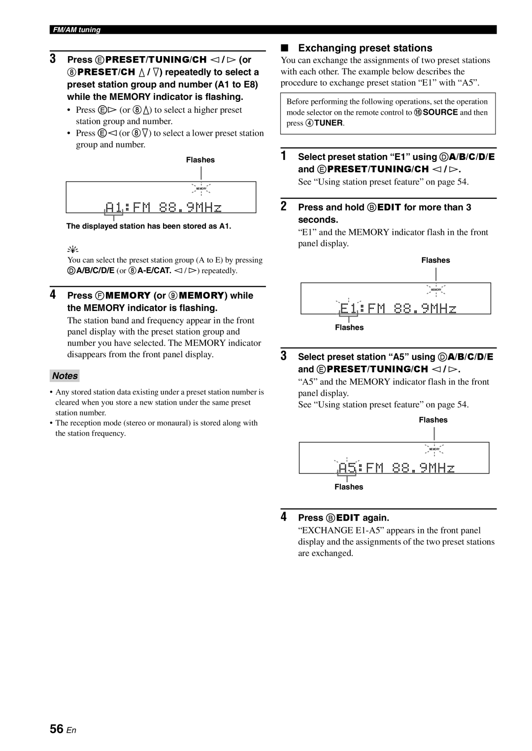 Yamaha HTR-6180 owner manual 56 En, Exchanging preset stations, See Using station preset feature on, Press Bedit again 