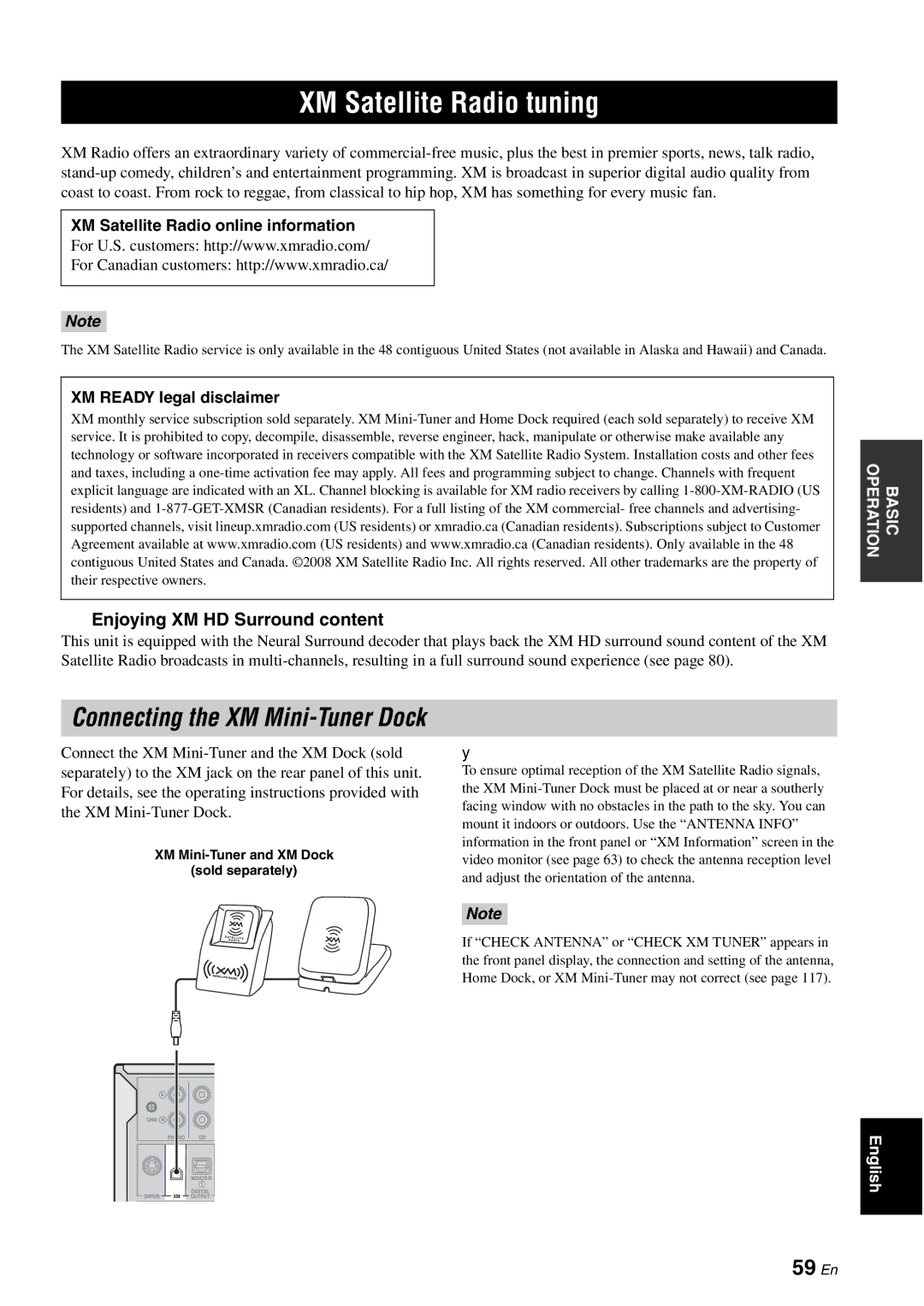 Yamaha HTR-6180 XM Satellite Radio tuning, 59 En, Enjoying XM HD Surround content, XM Satellite Radio online information 